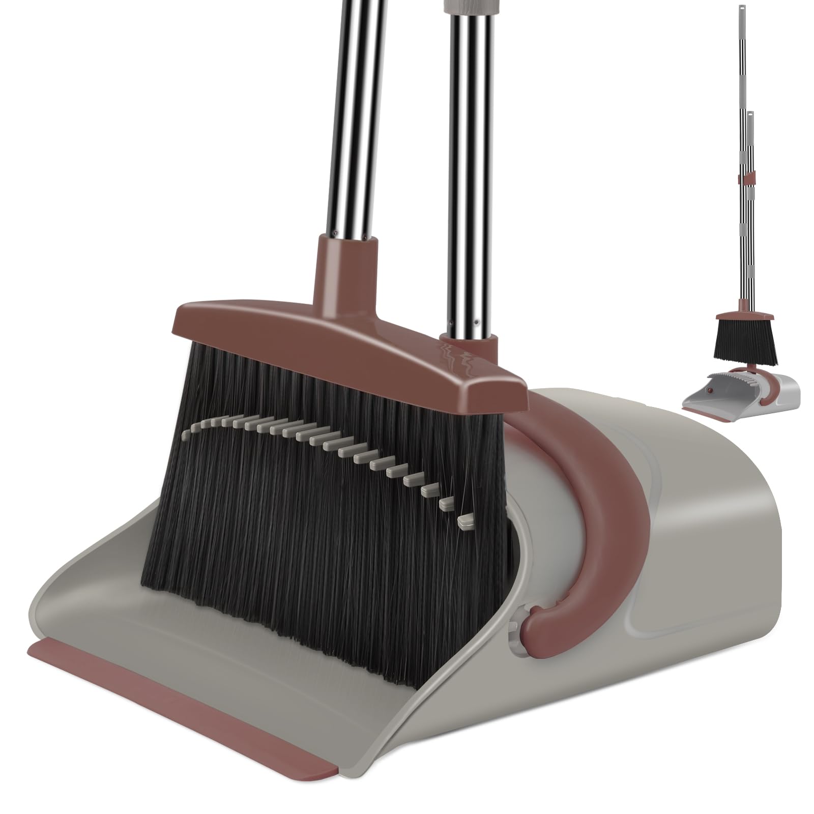 Ivandar Broom and Dustpan Set for Home, Broom and Dustpan Combo for Office, Long Handle Broom with Upright Standing Dust pan,Indoor&Outdoor Sweeping (Gray&Orange)