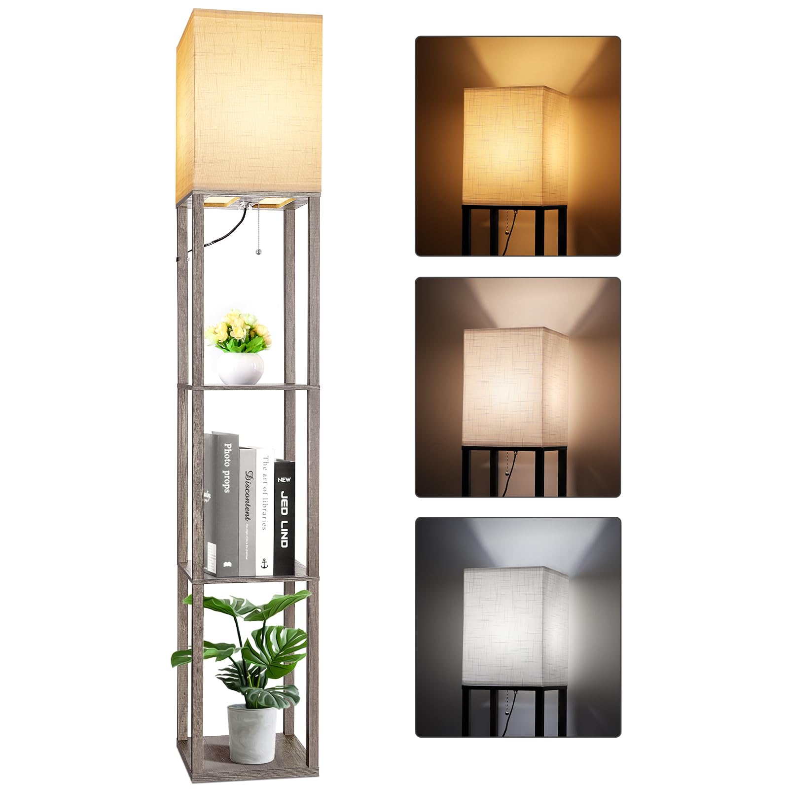 RUNTOP Floor Lamp with Shelves, Modern Shelf Lamp for Display Storage, 3 Color Temperature Wood Narrow Standing Corner Lamp with 8W Bulb for Living Room Decor, Bedroom, Office, Home Decor(Brown)