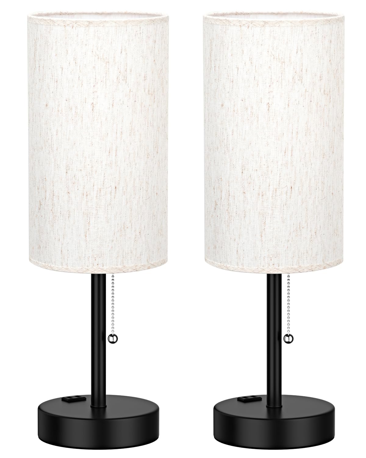 Bedside Table Lamps Set of 2-3 Color Temperatures Pull Chain Lamp with AC Outlet Charging Port, Small Round Night Stand Lamps for Bedroom Guest Room Office, Bed Side Light with E26 LED Bulbs