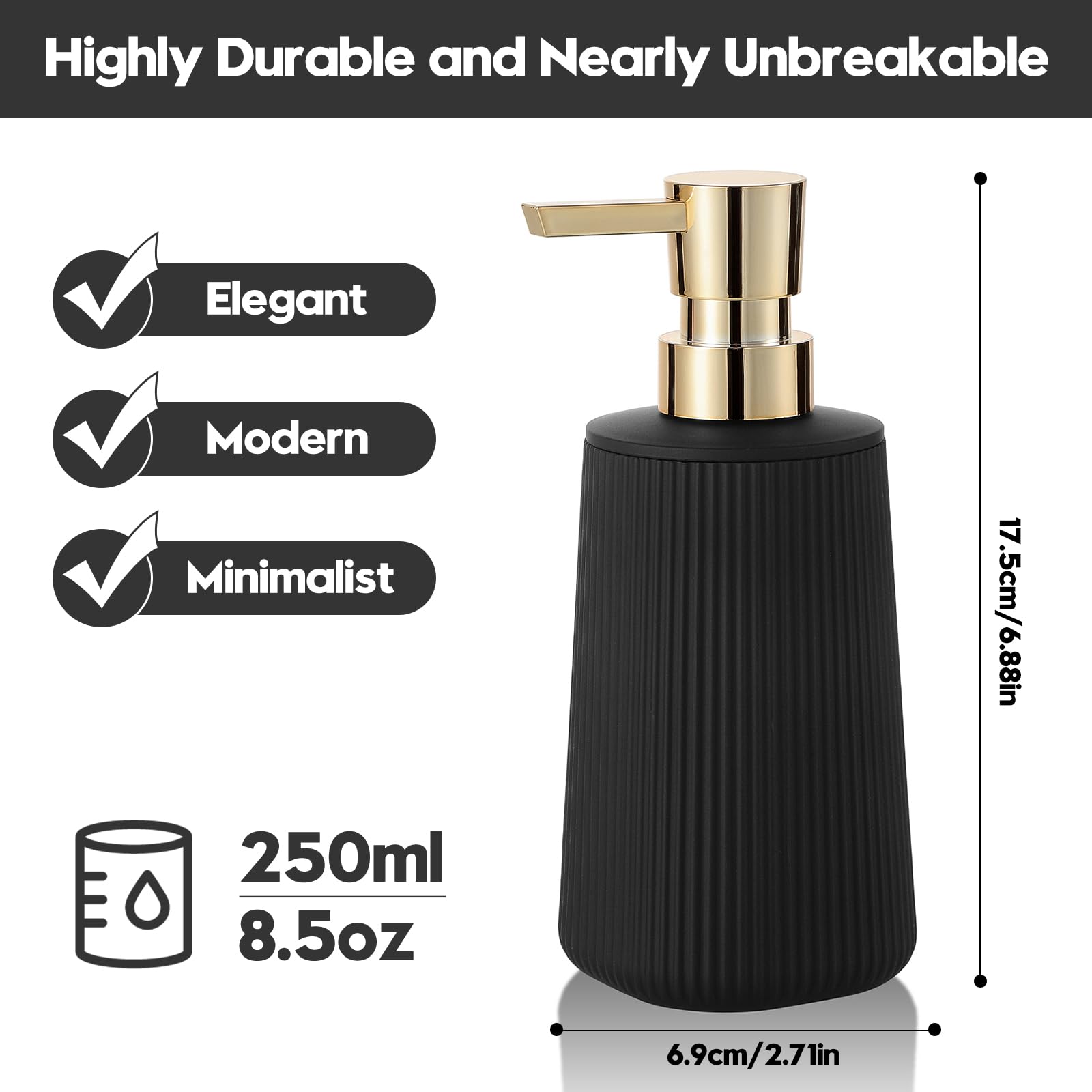Small Soap Dispenser for Bathroom and Kitchen, Modern Farmhouse Striped Style Plastic Hand Soap Dish Soap Dispenser with Pump Matte Black