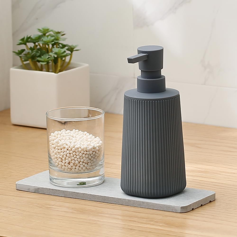 Small Soap Dispenser for Bathroom and Kitchen, Modern Farmhouse Striped Style Plastic Hand Soap Dish Soap Dispenser with Pump Matte Black
