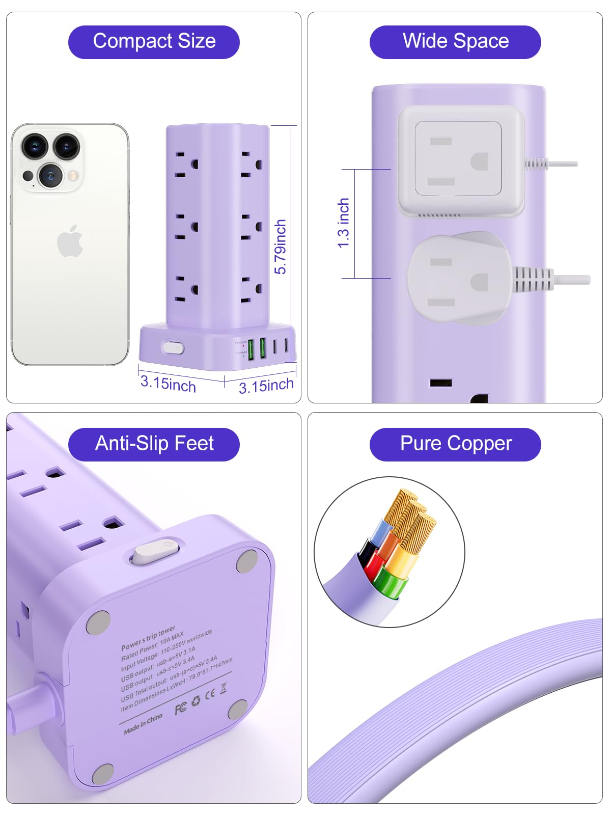 Power Strip Tower with Wireless Charger, Flat Plug Surge Protector Tower with 6FT Extension Cord, 12 AC Multiple Outlets, 4 USB (2 USB C),15W Wireless Charging Power Tower for Home Office Dorm, White