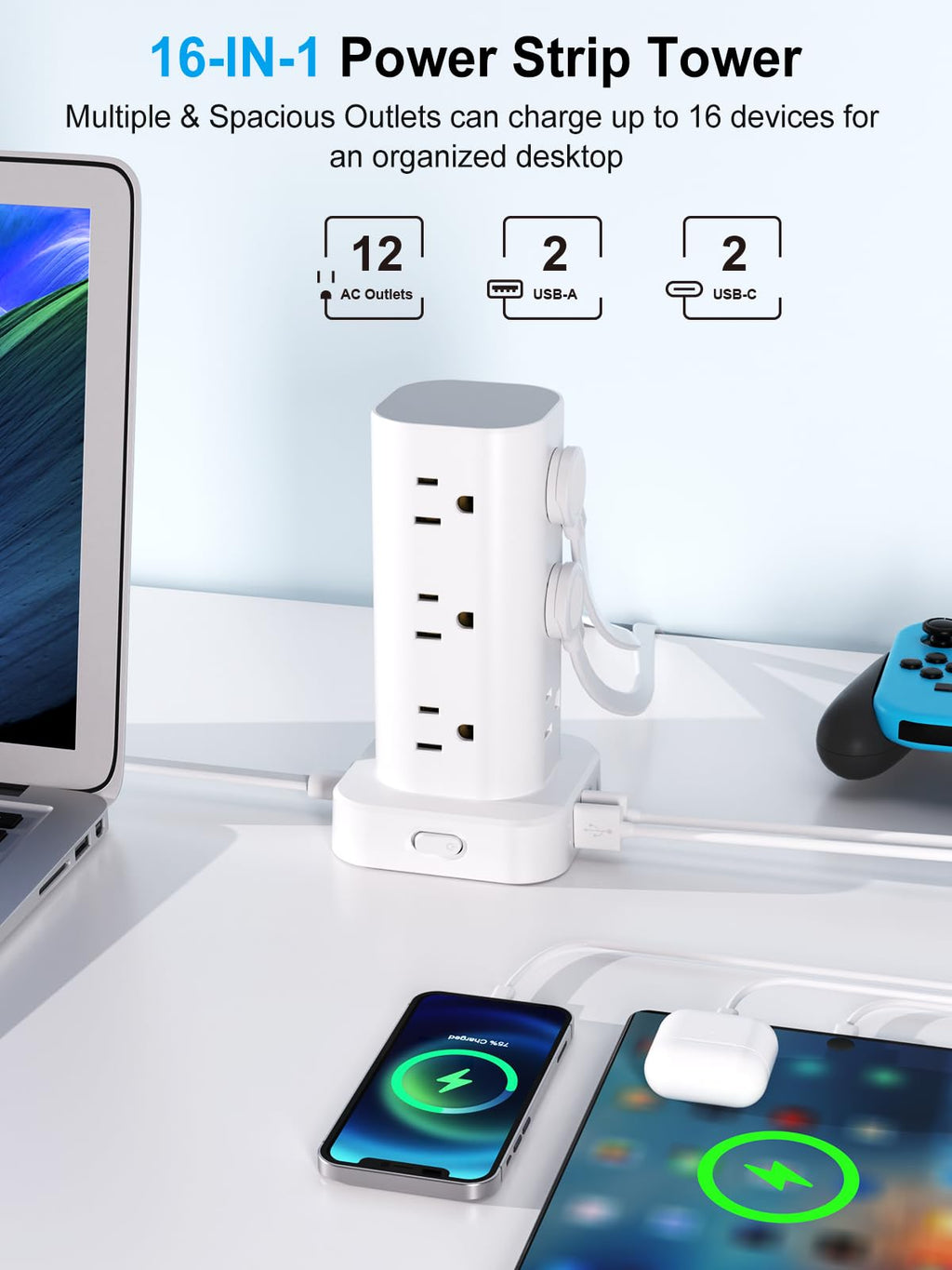 Power Strip Tower with Wireless Charger, Flat Plug Surge Protector Tower with 6FT Extension Cord, 12 AC Multiple Outlets, 4 USB (2 USB C),15W Wireless Charging Power Tower for Home Office Dorm, White