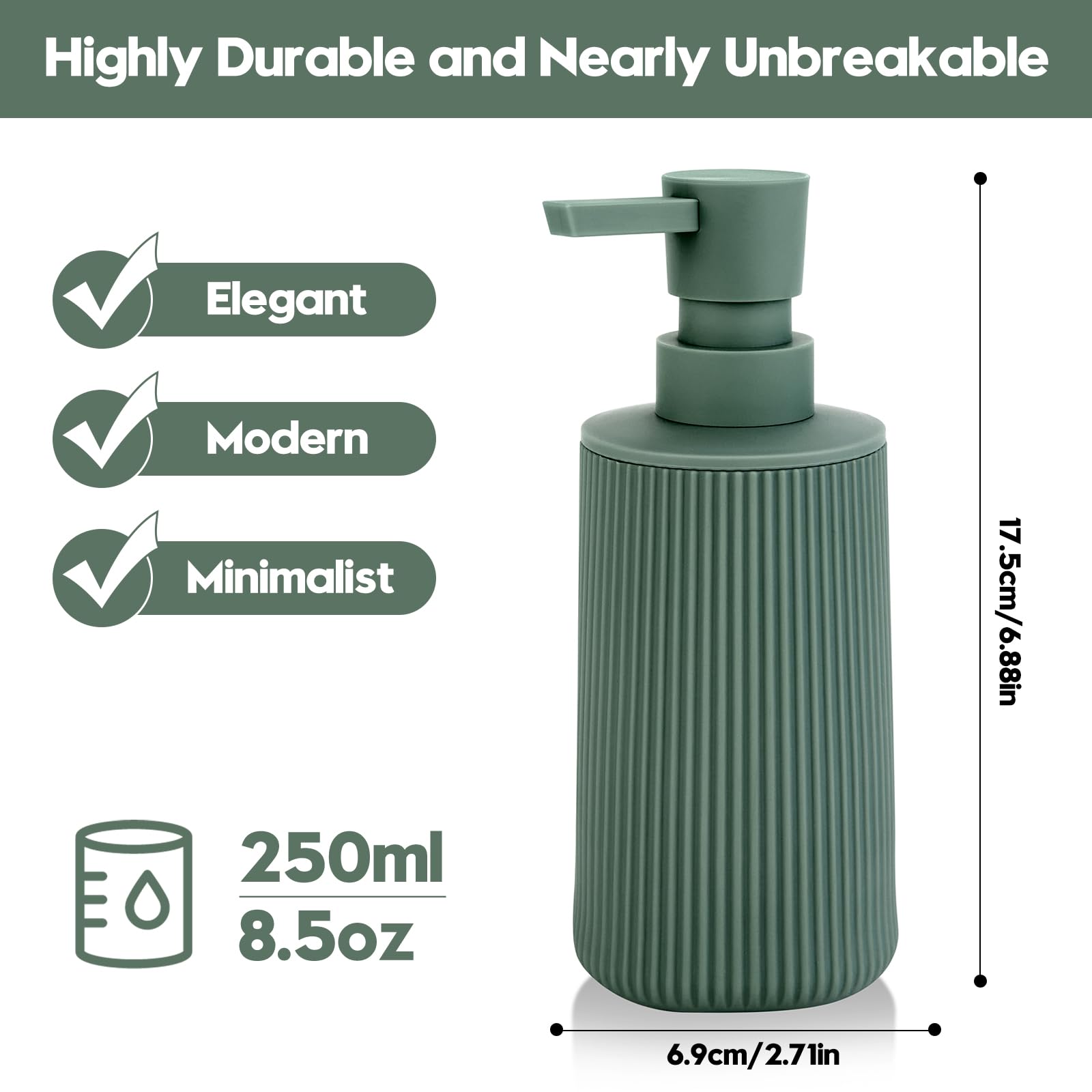 Small Soap Dispenser for Bathroom and Kitchen, Modern Farmhouse Striped Style Plastic Hand Soap Dish Soap Dispenser with Pump Matte Black