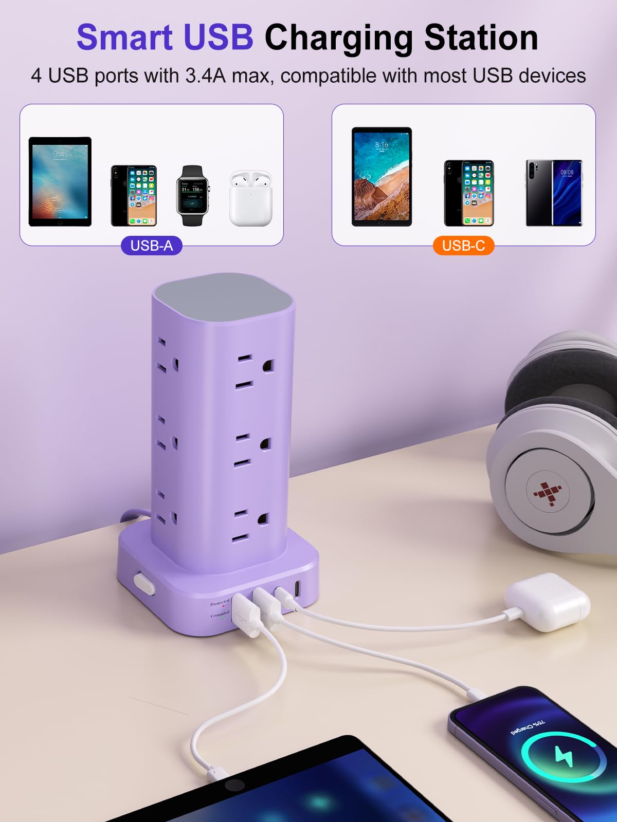 Power Strip Tower with Wireless Charger, Flat Plug Surge Protector Tower with 6FT Extension Cord, 12 AC Multiple Outlets, 4 USB (2 USB C),15W Wireless Charging Power Tower for Home Office Dorm, White