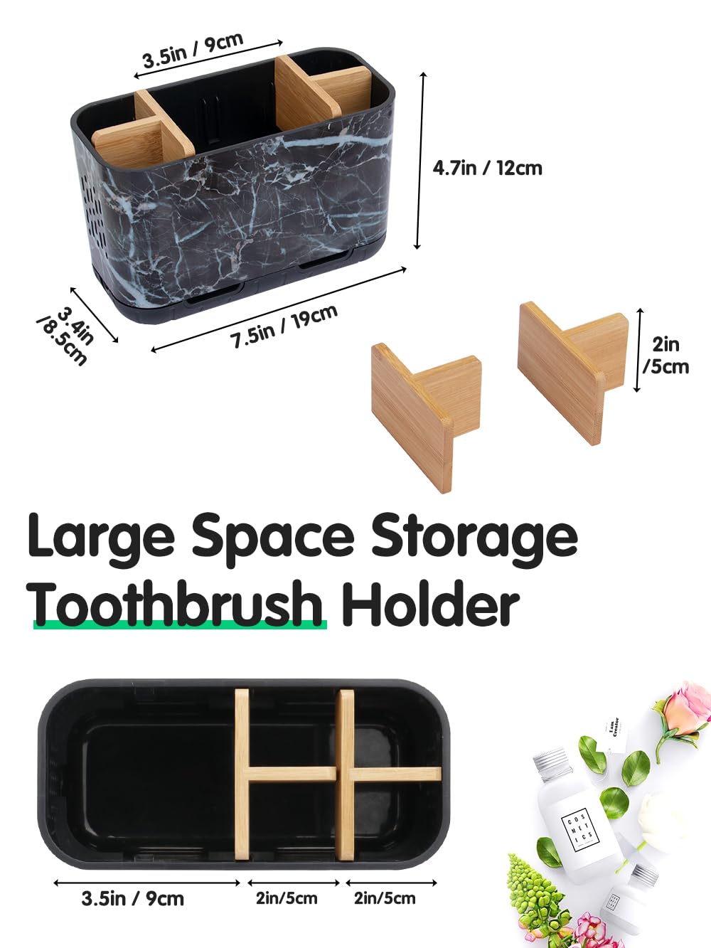 GFWARE Black Toothbrush Holder - Bamboo Toothbrush Holders for Bathrooms Electric Toothbrush Holder Organizer Kids Toothbrush Holders for Bathrooms Countertop