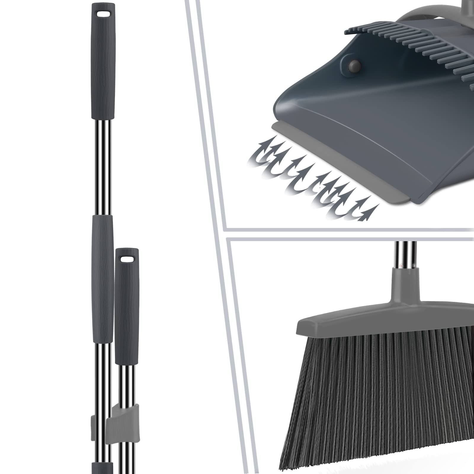 Ivandar Broom and Dustpan Set for Home, Broom and Dustpan Combo for Office, Long Handle Broom with Upright Standing Dust pan,Indoor&Outdoor Sweeping (Gray&Orange)