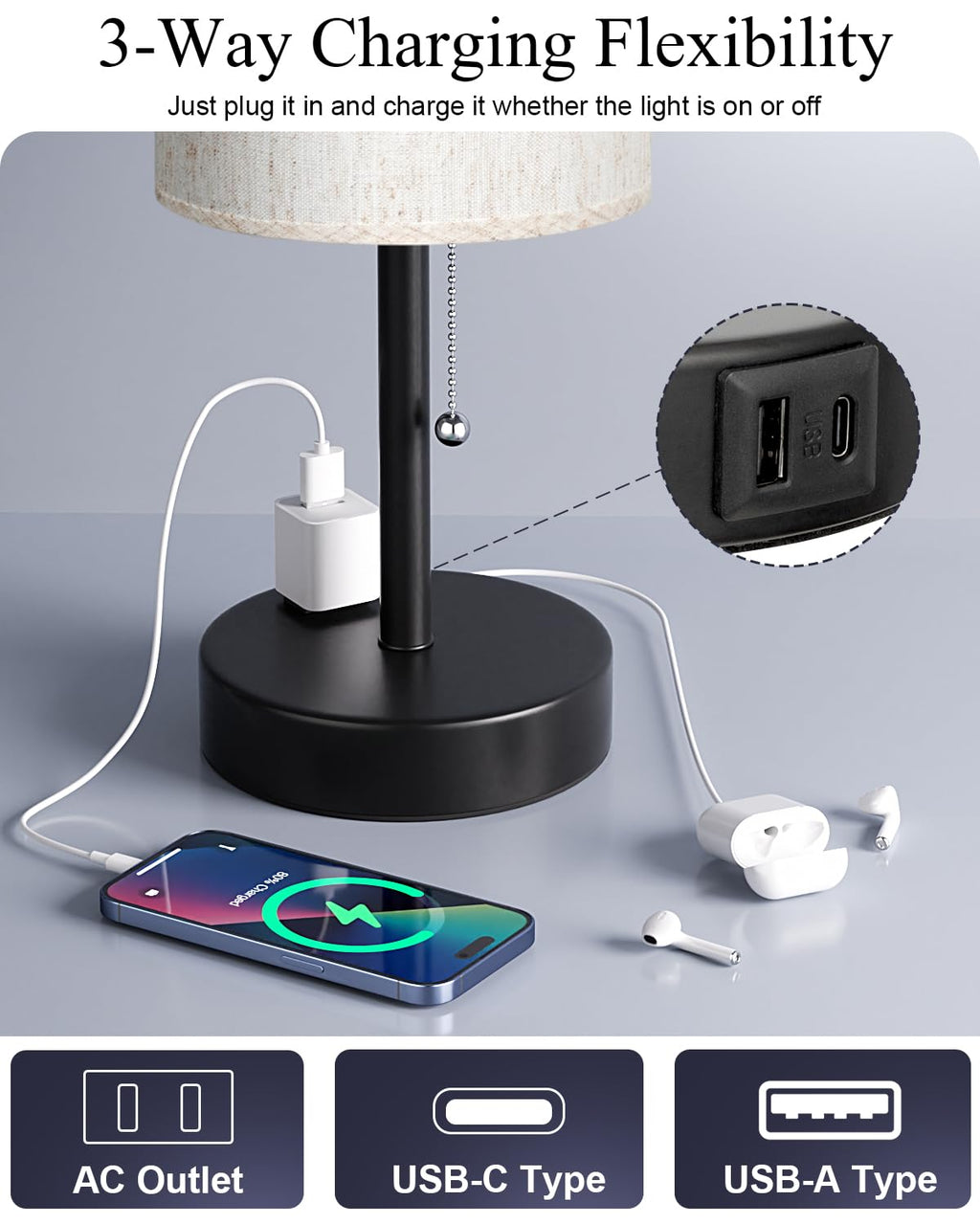 Bedside Table Lamps Set of 2-3 Color Temperatures Pull Chain Lamp with AC Outlet Charging Port, Small Round Night Stand Lamps for Bedroom Guest Room Office, Bed Side Light with E26 LED Bulbs