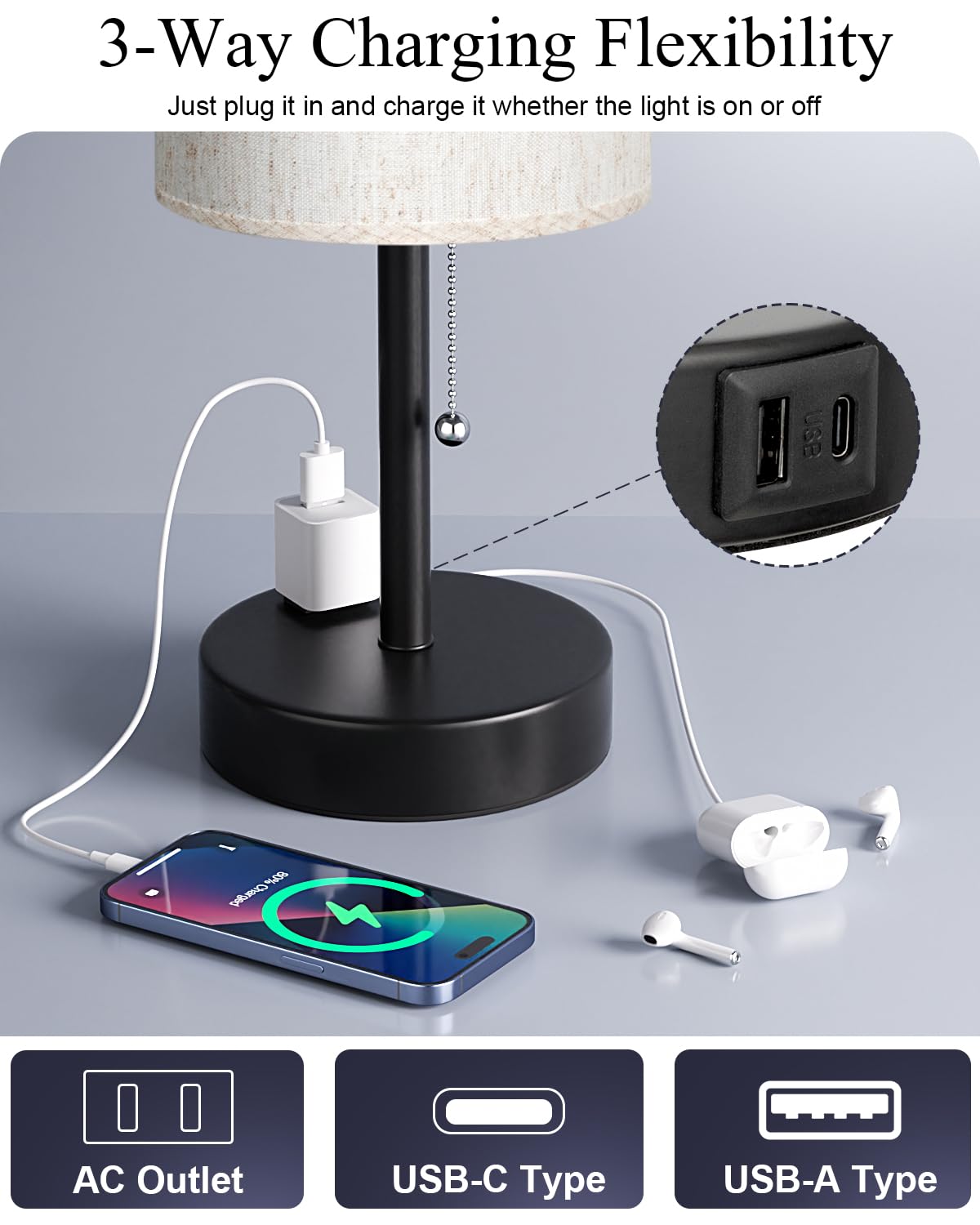 Bedside Table Lamps Set of 2-3 Color Temperatures Pull Chain Lamp with AC Outlet Charging Port, Small Round Night Stand Lamps for Bedroom Guest Room Office, Bed Side Light with E26 LED Bulbs