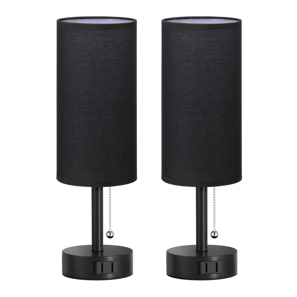 Bedside Table Lamps Set of 2-3 Color Temperatures Pull Chain Lamp with AC Outlet Charging Port, Small Round Night Stand Lamps for Bedroom Guest Room Office, Bed Side Light with E26 LED Bulbs