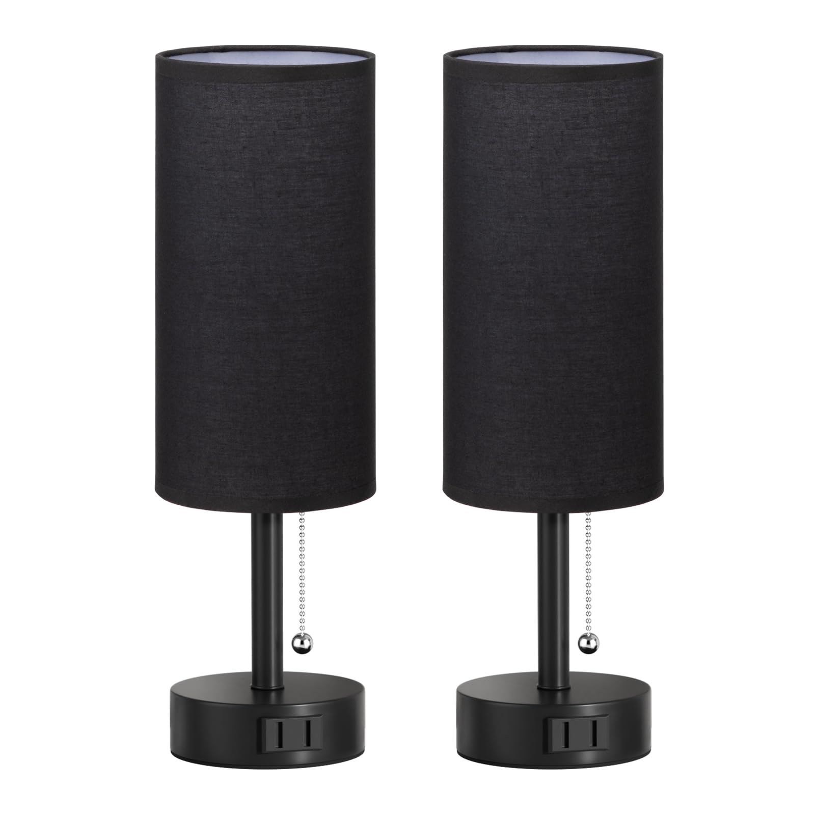 Bedside Table Lamps Set of 2-3 Color Temperatures Pull Chain Lamp with AC Outlet Charging Port, Small Round Night Stand Lamps for Bedroom Guest Room Office, Bed Side Light with E26 LED Bulbs