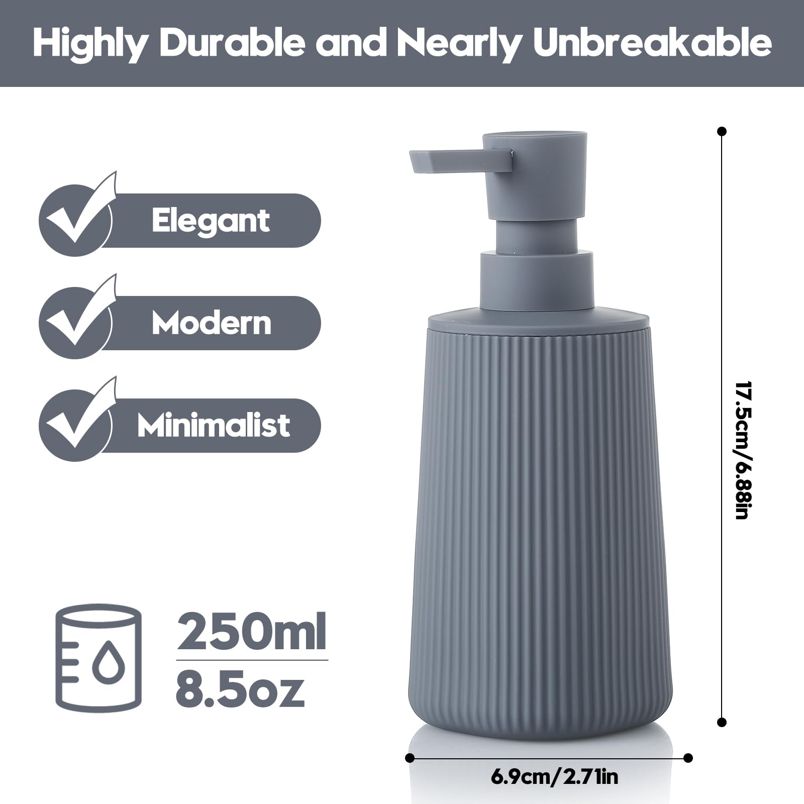 Small Soap Dispenser for Bathroom and Kitchen, Modern Farmhouse Striped Style Plastic Hand Soap Dish Soap Dispenser with Pump Matte Black
