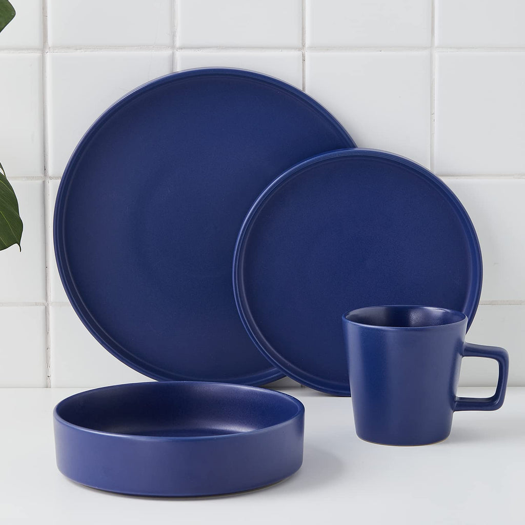 Stone Lain Celina Stoneware 16 Piece Dinnerware Set, Plates and Bowls, Black Matte Dish, Service for 4 – Minimalist Round Style, Microwave & Dishwasher Safe