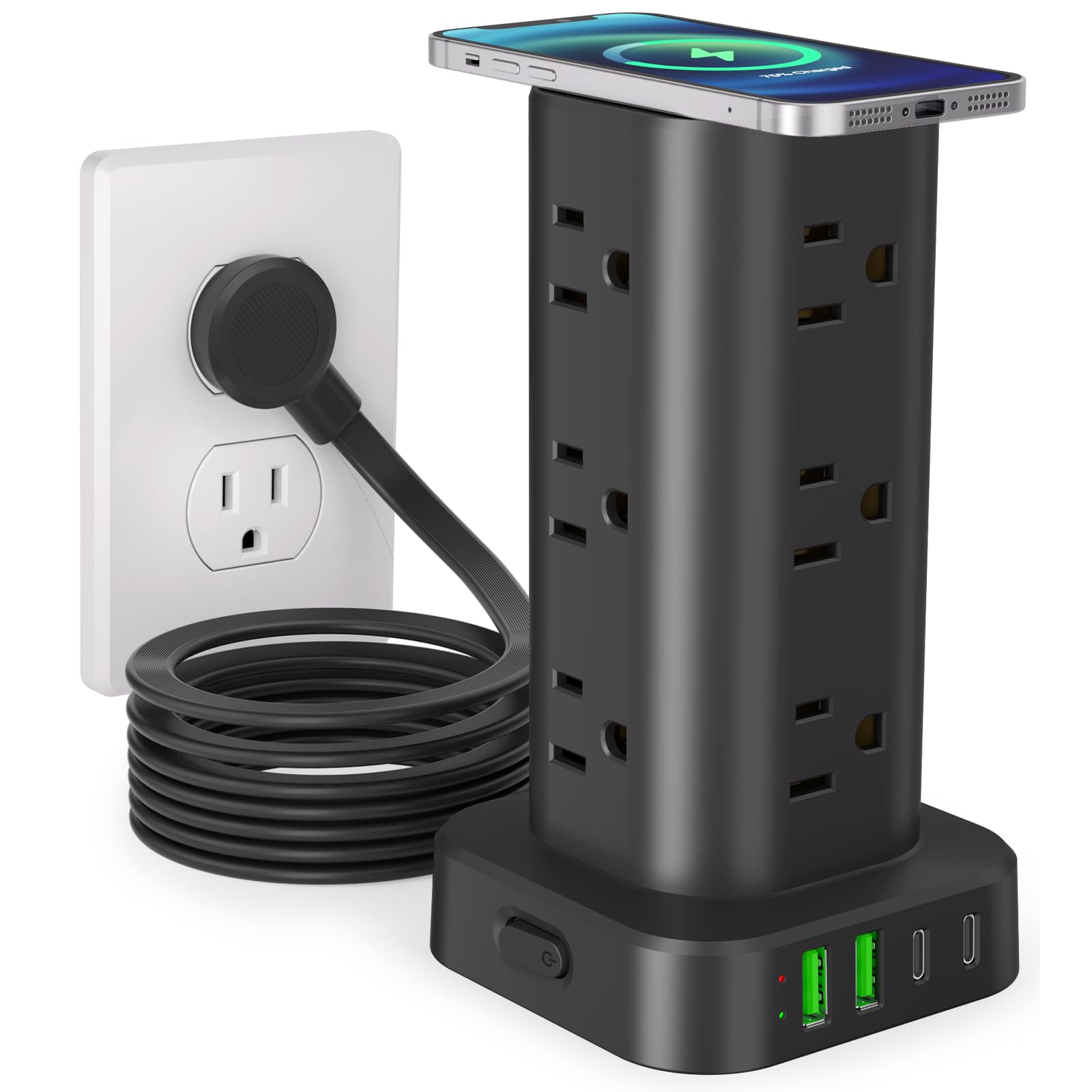 Power Strip Tower with Wireless Charger, Flat Plug Surge Protector Tower with 6FT Extension Cord, 12 AC Multiple Outlets, 4 USB (2 USB C),15W Wireless Charging Power Tower for Home Office Dorm, White