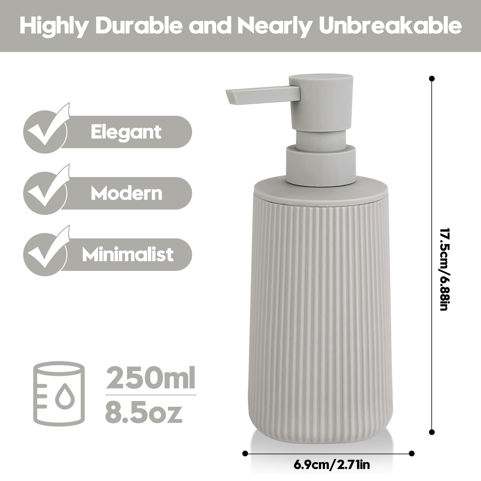 Small Soap Dispenser for Bathroom and Kitchen, Modern Farmhouse Striped Style Plastic Hand Soap Dish Soap Dispenser with Pump Matte Black