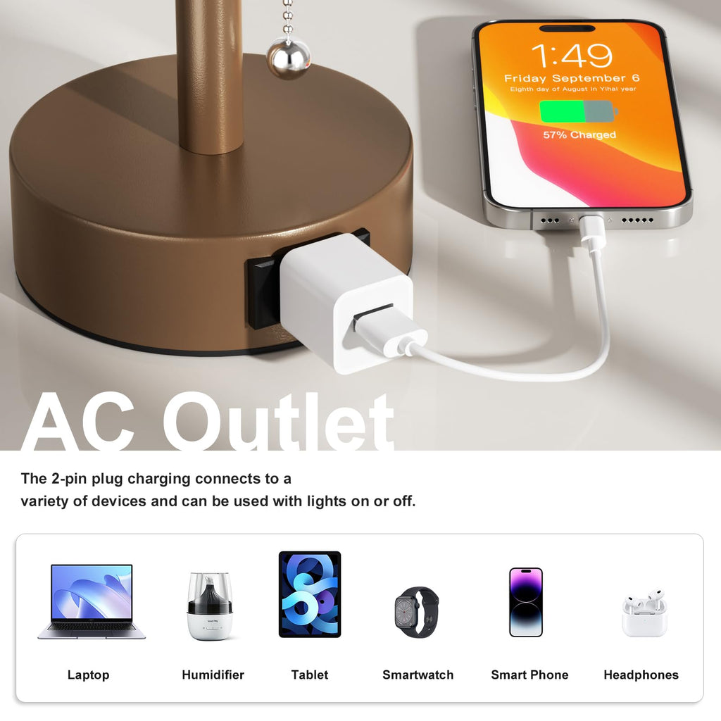 Bedside Table Lamps Set of 2-3 Color Temperatures Pull Chain Lamp with AC Outlet Charging Port, Small Round Night Stand Lamps for Bedroom Guest Room Office, Bed Side Light with E26 LED Bulbs