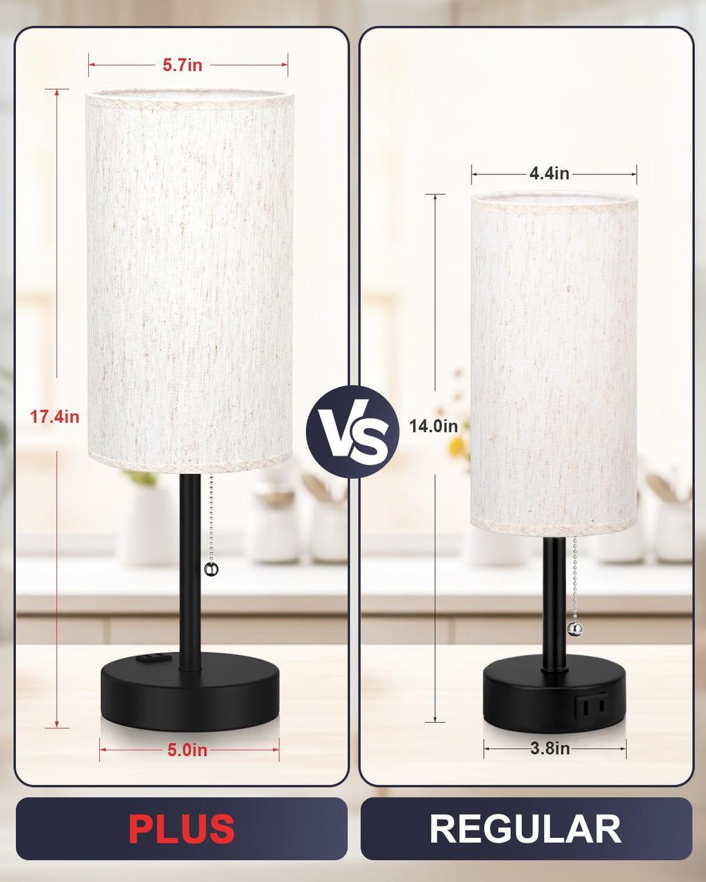 Bedside Table Lamps Set of 2-3 Color Temperatures Pull Chain Lamp with AC Outlet Charging Port, Small Round Night Stand Lamps for Bedroom Guest Room Office, Bed Side Light with E26 LED Bulbs