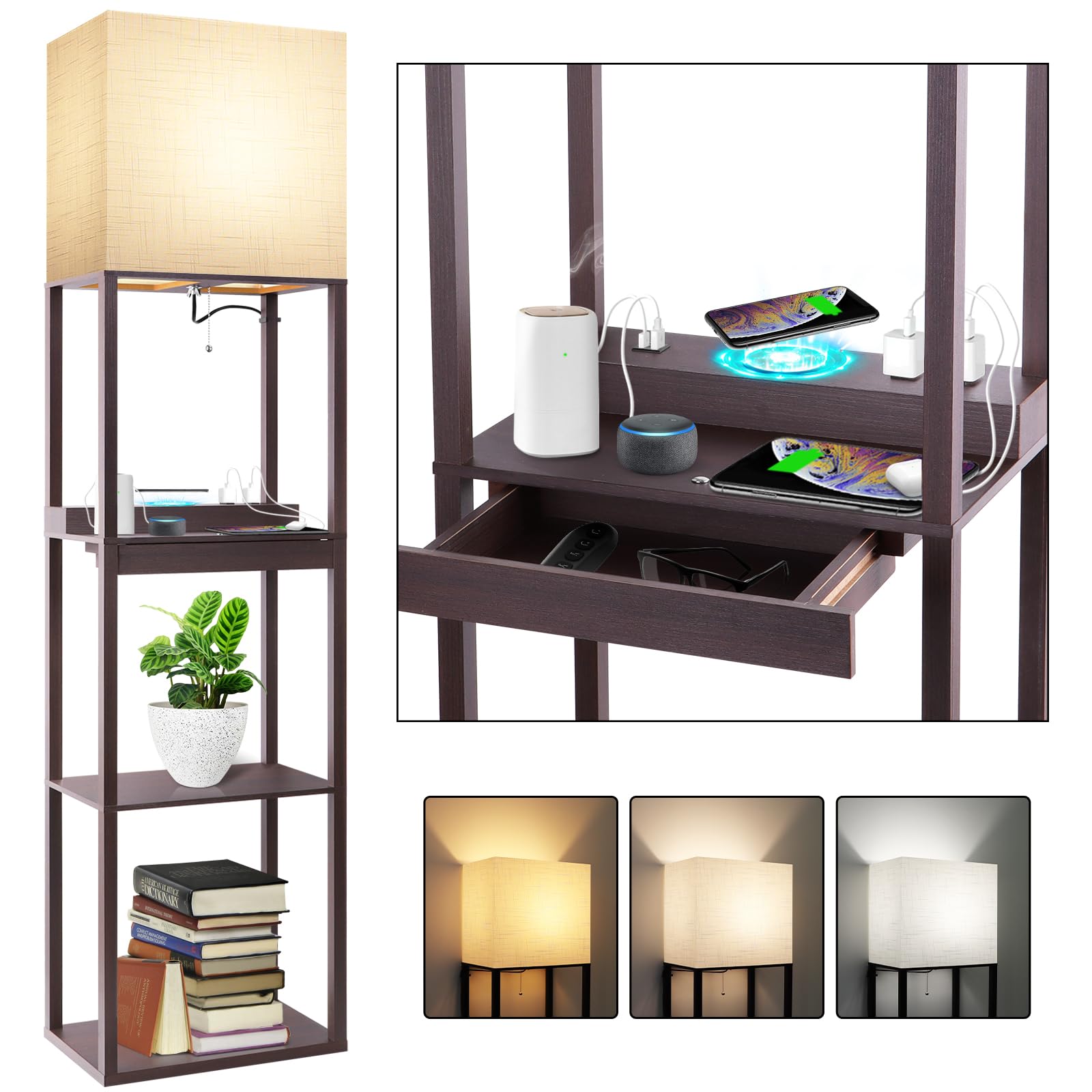 RUNTOP Floor Lamp with Shelves, Modern Shelf Lamp for Display Storage, 3 Color Temperature Wood Narrow Standing Corner Lamp with 8W Bulb for Living Room Decor, Bedroom, Office, Home Decor(Brown)