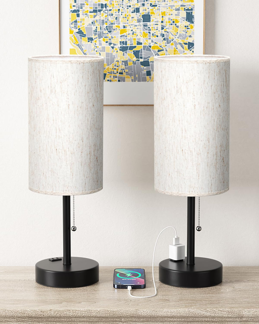 Bedside Table Lamps Set of 2-3 Color Temperatures Pull Chain Lamp with AC Outlet Charging Port, Small Round Night Stand Lamps for Bedroom Guest Room Office, Bed Side Light with E26 LED Bulbs