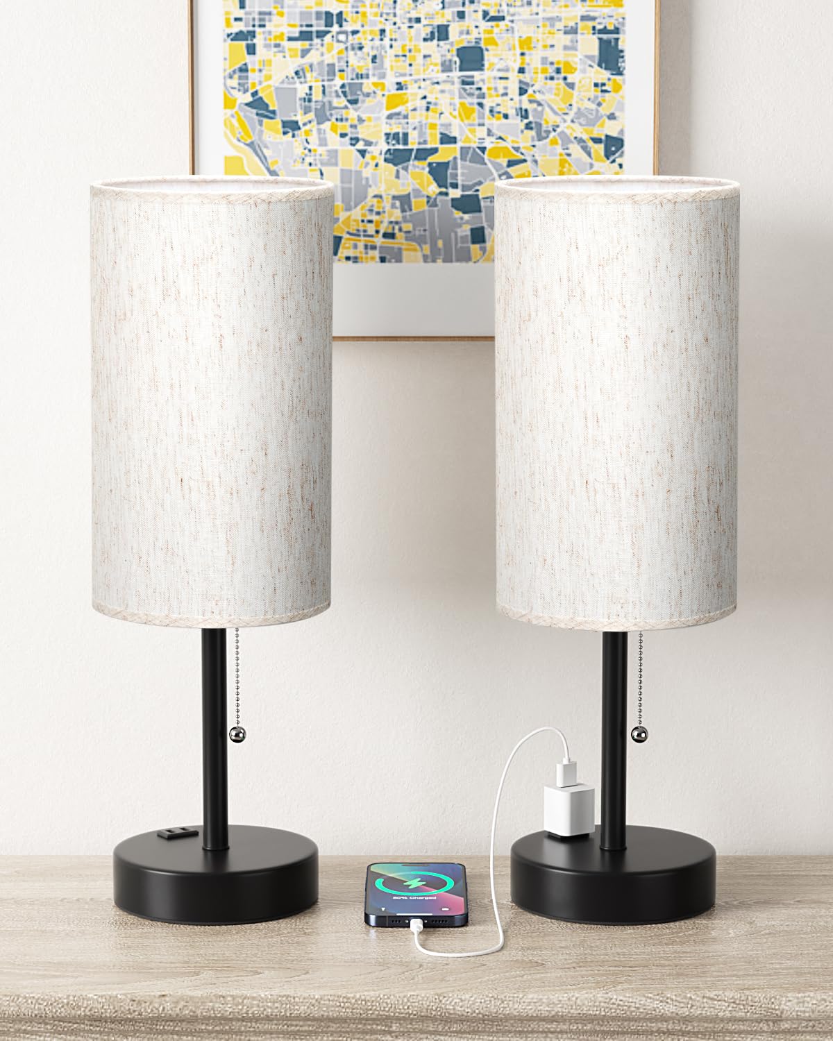 Bedside Table Lamps Set of 2-3 Color Temperatures Pull Chain Lamp with AC Outlet Charging Port, Small Round Night Stand Lamps for Bedroom Guest Room Office, Bed Side Light with E26 LED Bulbs