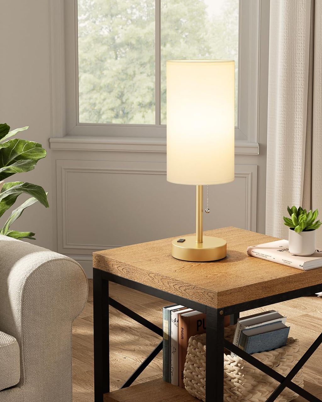 Bedside Table Lamps Set of 2-3 Color Temperatures Pull Chain Lamp with AC Outlet Charging Port, Small Round Night Stand Lamps for Bedroom Guest Room Office, Bed Side Light with E26 LED Bulbs