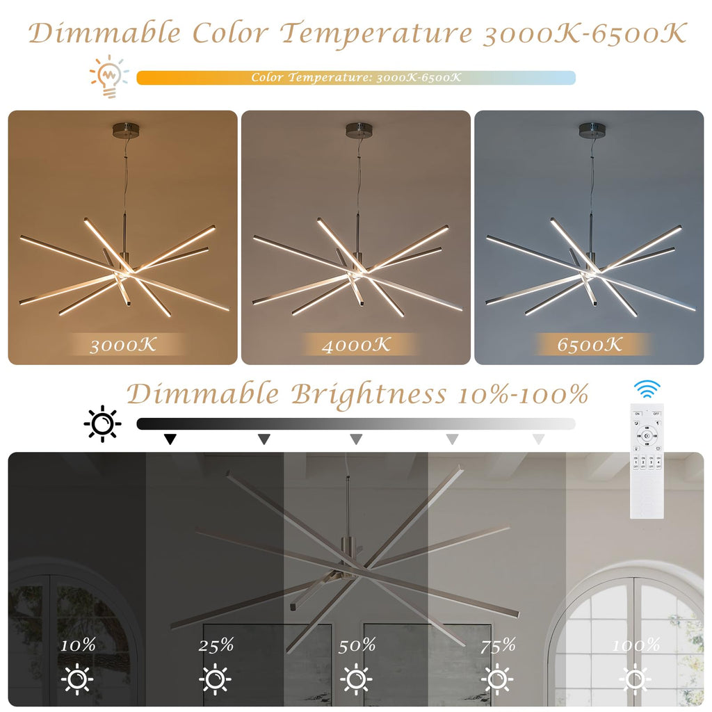 Black LED Chandelier for Dining Room, 27.76in Dimmable 4-Lights Modern Ceiling Pendant Light Fixture for Kitchen Living Room Entry Foyer 3000K/4000K/5000K 24W