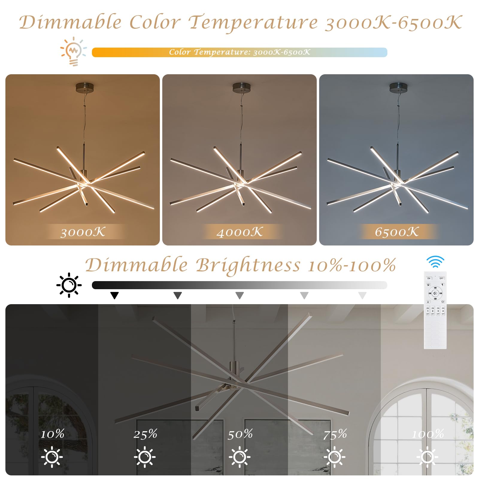 Black LED Chandelier for Dining Room, 27.76in Dimmable 4-Lights Modern Ceiling Pendant Light Fixture for Kitchen Living Room Entry Foyer 3000K/4000K/5000K 24W