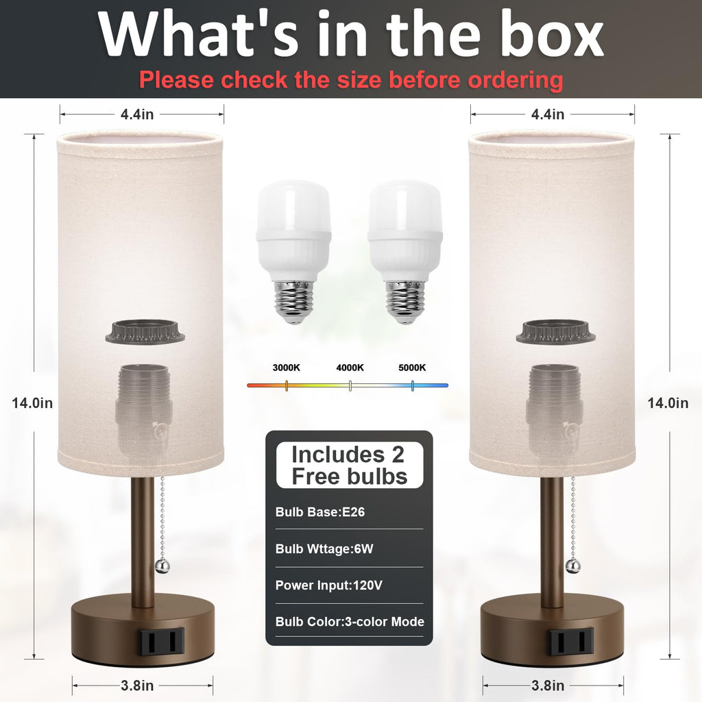 Bedside Table Lamps Set of 2-3 Color Temperatures Pull Chain Lamp with AC Outlet Charging Port, Small Round Night Stand Lamps for Bedroom Guest Room Office, Bed Side Light with E26 LED Bulbs