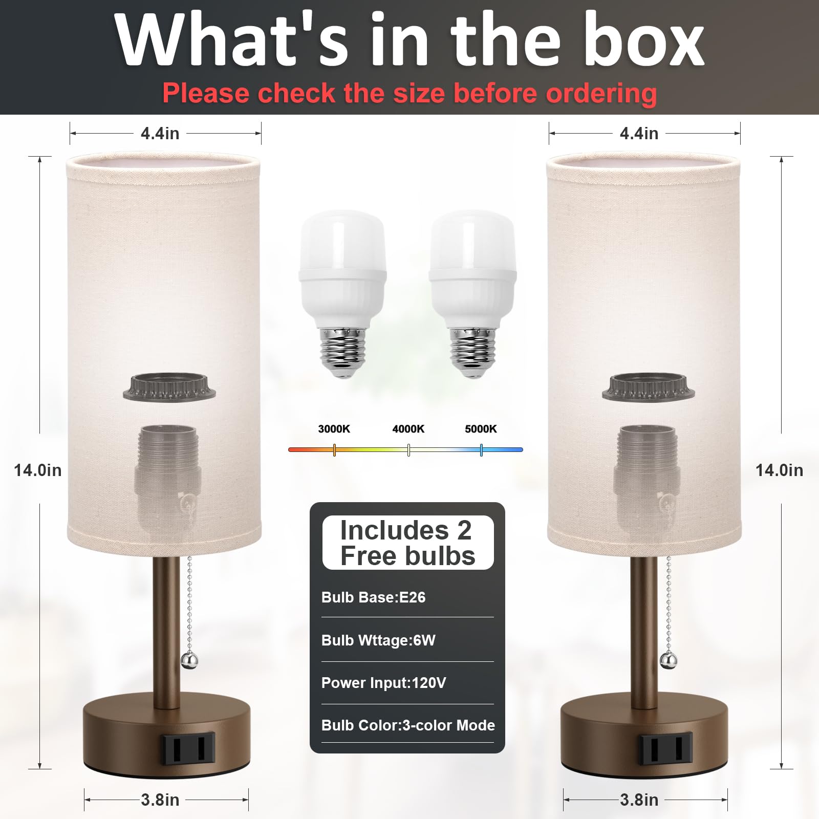 Bedside Table Lamps Set of 2-3 Color Temperatures Pull Chain Lamp with AC Outlet Charging Port, Small Round Night Stand Lamps for Bedroom Guest Room Office, Bed Side Light with E26 LED Bulbs