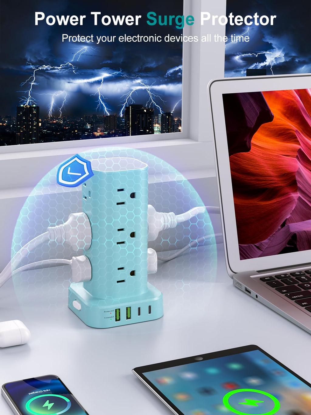Power Strip Tower with Wireless Charger, Flat Plug Surge Protector Tower with 6FT Extension Cord, 12 AC Multiple Outlets, 4 USB (2 USB C),15W Wireless Charging Power Tower for Home Office Dorm, White