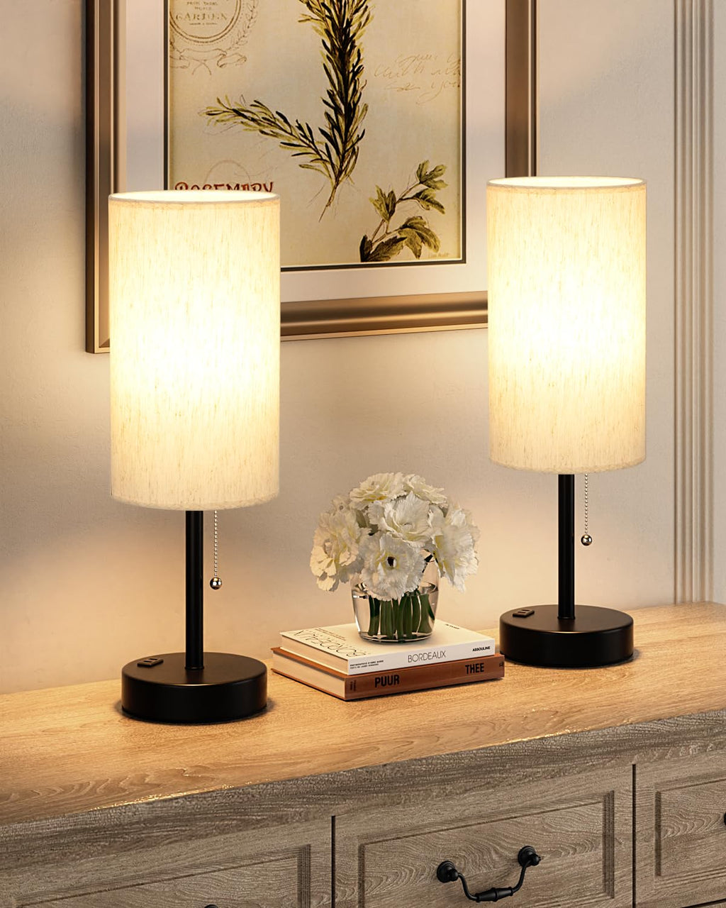 Bedside Table Lamps Set of 2-3 Color Temperatures Pull Chain Lamp with AC Outlet Charging Port, Small Round Night Stand Lamps for Bedroom Guest Room Office, Bed Side Light with E26 LED Bulbs