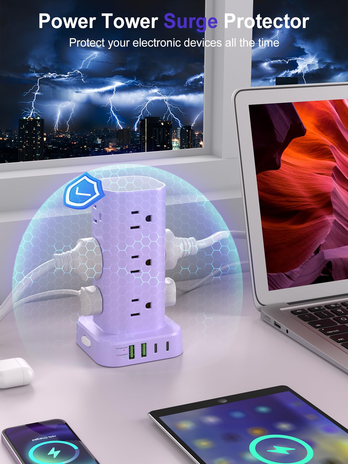 Power Strip Tower with Wireless Charger, Flat Plug Surge Protector Tower with 6FT Extension Cord, 12 AC Multiple Outlets, 4 USB (2 USB C),15W Wireless Charging Power Tower for Home Office Dorm, White