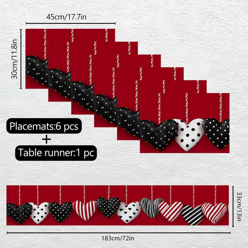 Marble Table Runner and Placemats Set of 6, Black & White Marble with Gold Vein Design, 1 Table Runner (72x13 in) + 6 Placemats (17.7x11.8 in), Elegant Dining Table Decor