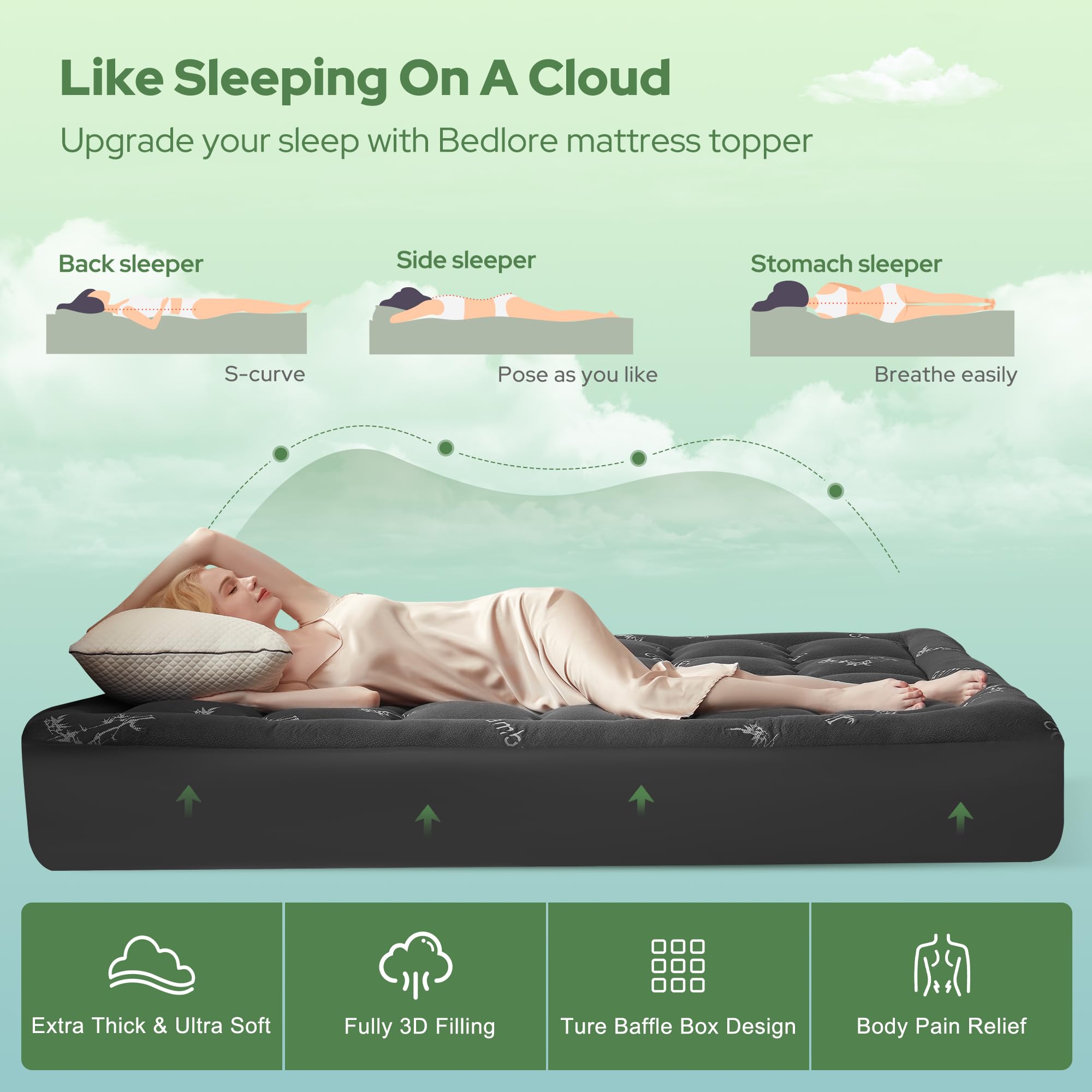 BEDLORE California King Mattress Topper Viscose Derived from Bamboo, Thick Pillow Top Mattress Pad with Stretchable Pockets for 6"-18" Mattress, Soft Mattress Topper for Back Pain Relief(Dark Gray)