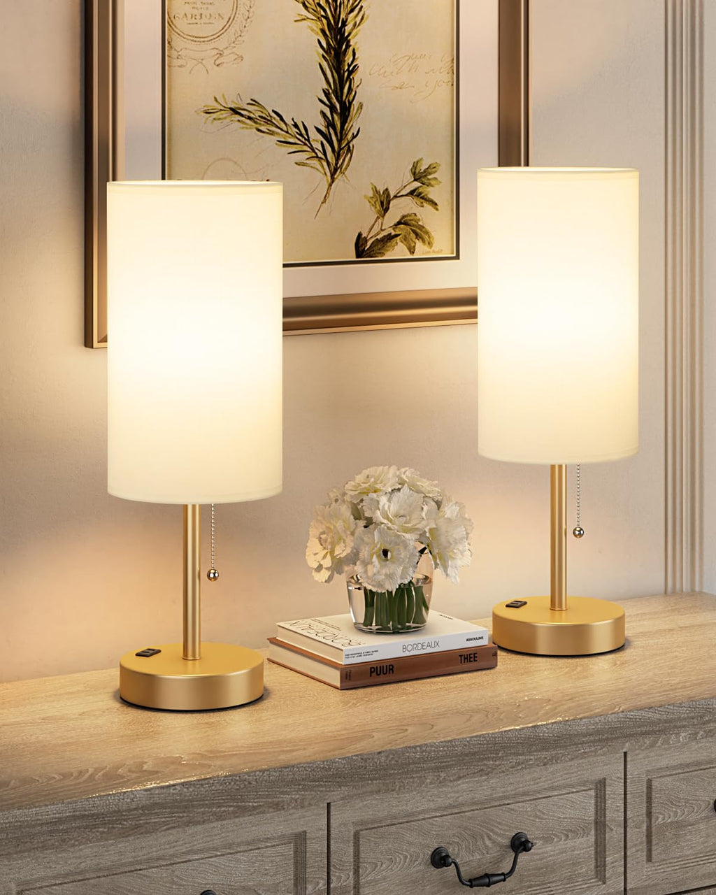 Bedside Table Lamps Set of 2-3 Color Temperatures Pull Chain Lamp with AC Outlet Charging Port, Small Round Night Stand Lamps for Bedroom Guest Room Office, Bed Side Light with E26 LED Bulbs