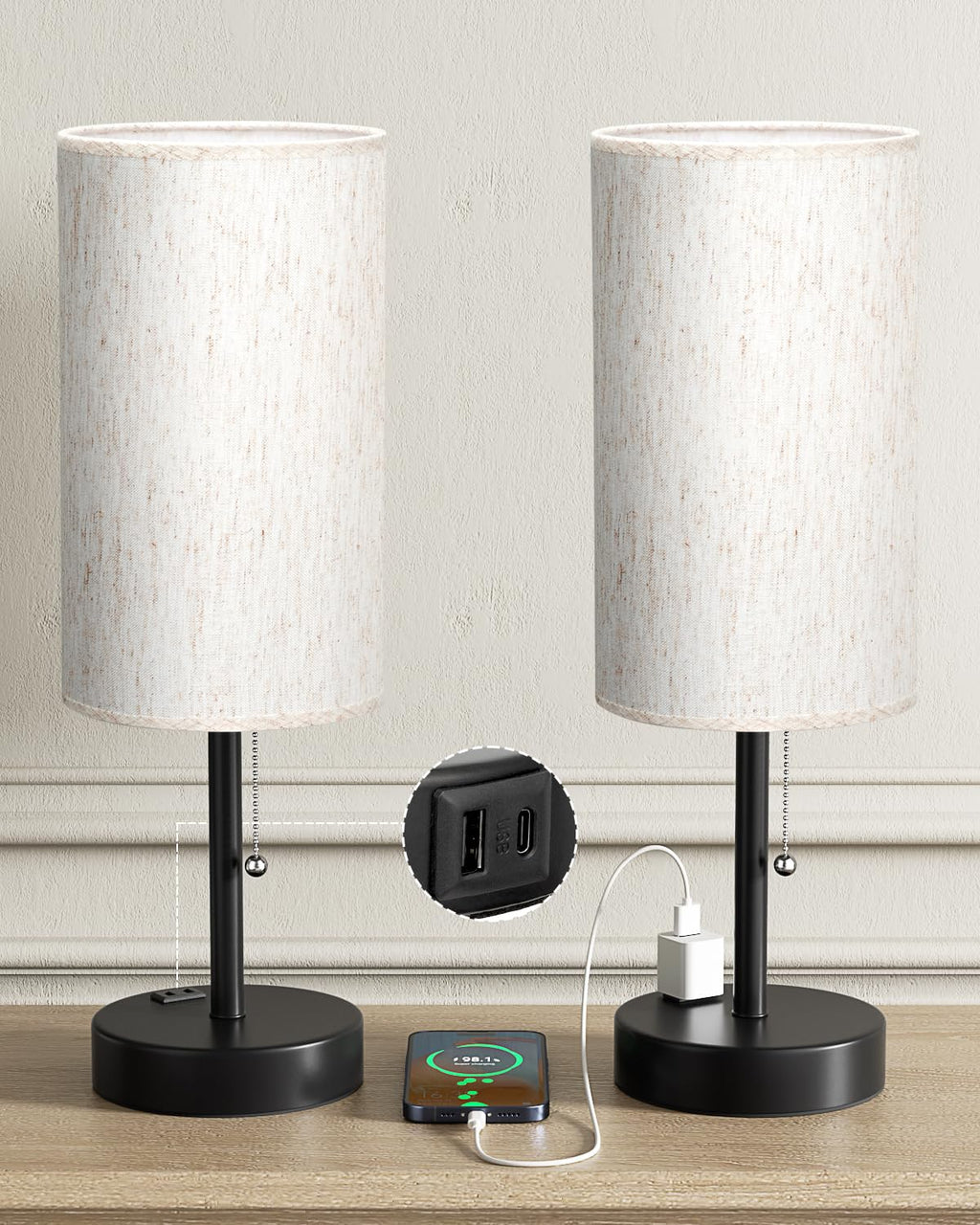 Bedside Table Lamps Set of 2-3 Color Temperatures Pull Chain Lamp with AC Outlet Charging Port, Small Round Night Stand Lamps for Bedroom Guest Room Office, Bed Side Light with E26 LED Bulbs