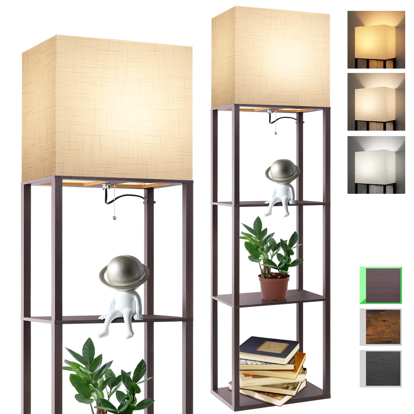 RUNTOP Floor Lamp with Shelves, Modern Shelf Lamp for Display Storage, 3 Color Temperature Wood Narrow Standing Corner Lamp with 8W Bulb for Living Room Decor, Bedroom, Office, Home Decor(Brown)