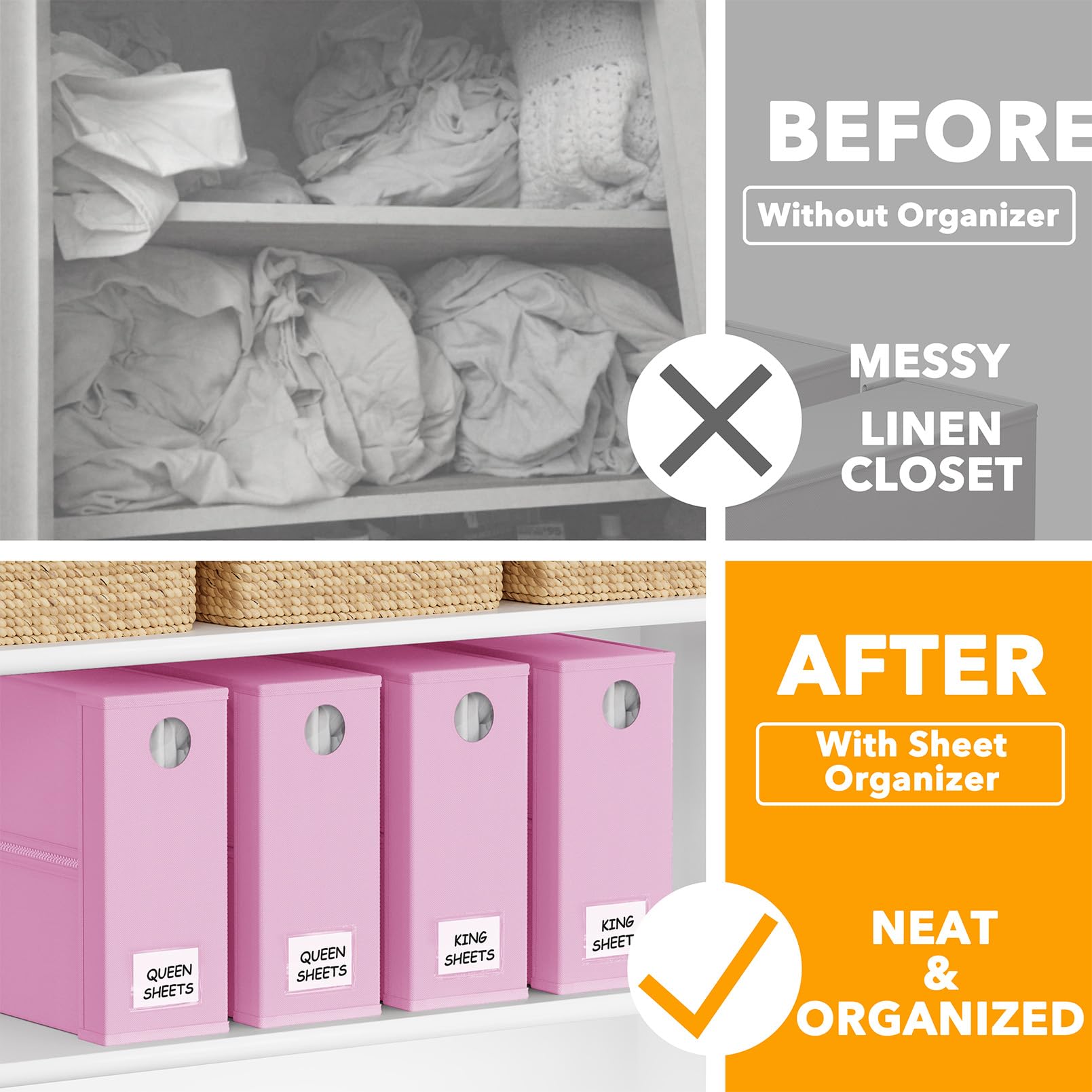 SpaceAid 4 Pack Bed Sheet Organizers and Storage, Foldable Organizer for Linen Closet, Sheets Set Folder Keeper with Window XL (Queen & King Size) Organizing Bedding Container, Gray 91ZDSN-SL01-G4