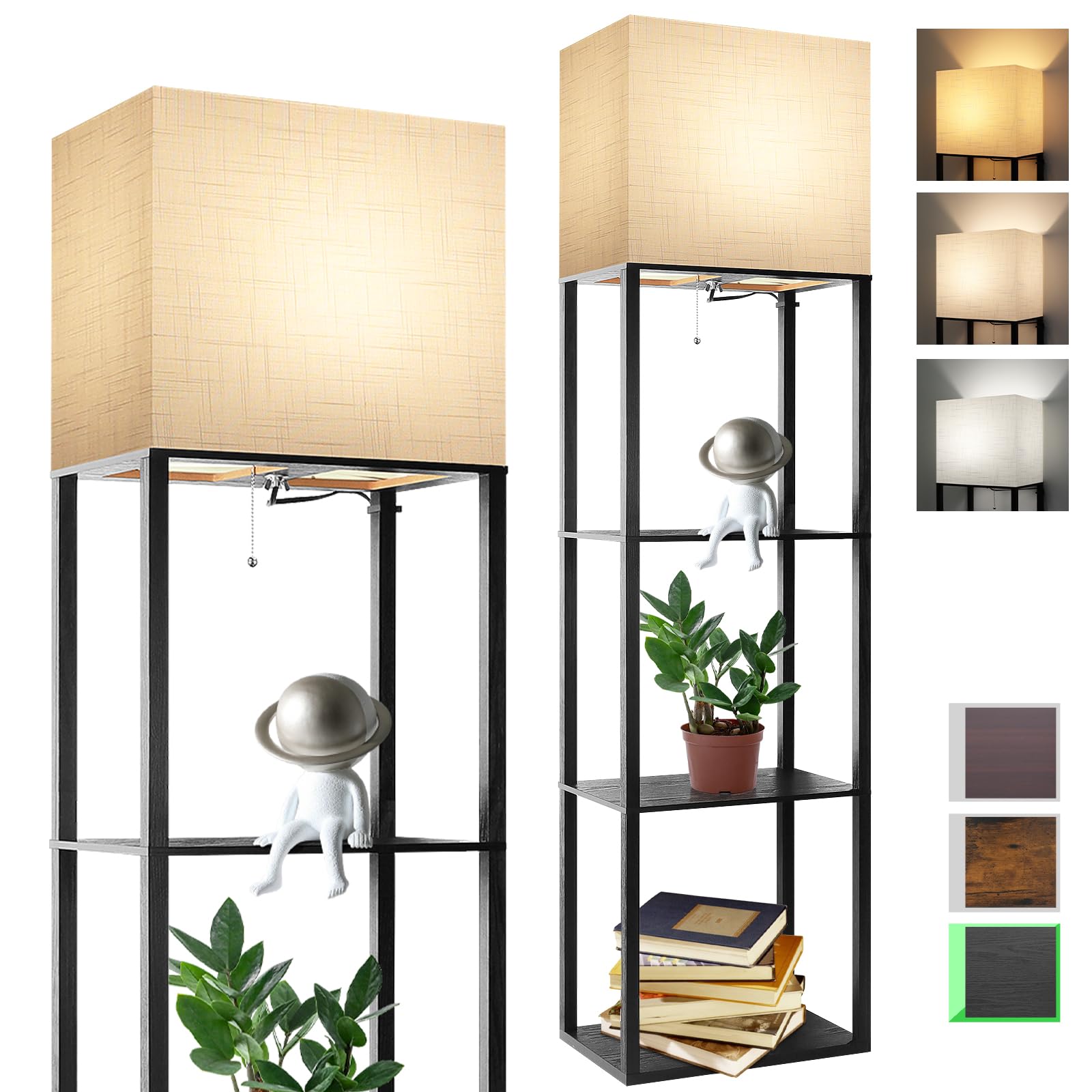 RUNTOP Floor Lamp with Shelves, Modern Shelf Lamp for Display Storage, 3 Color Temperature Wood Narrow Standing Corner Lamp with 8W Bulb for Living Room Decor, Bedroom, Office, Home Decor(Brown)