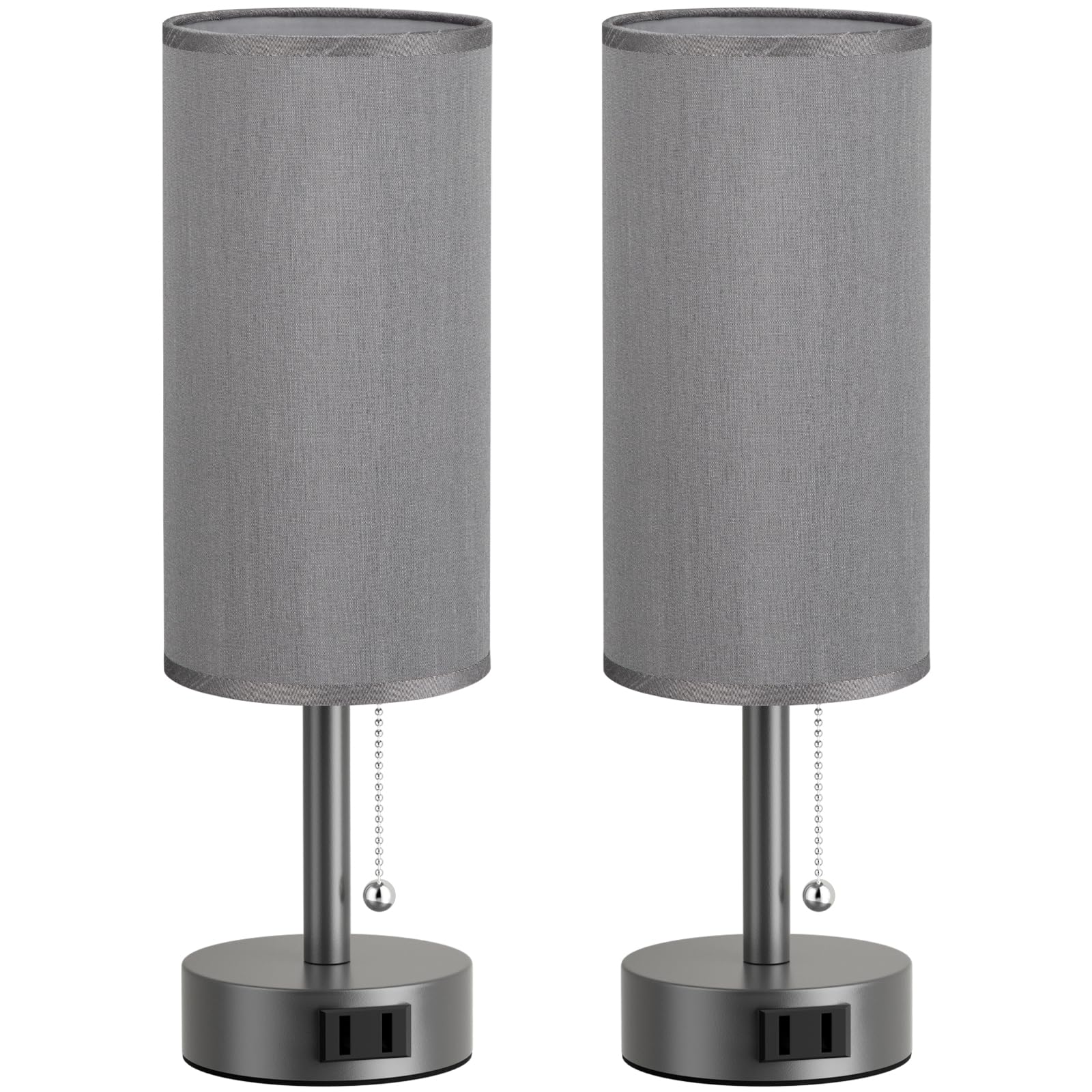 Bedside Table Lamps Set of 2-3 Color Temperatures Pull Chain Lamp with AC Outlet Charging Port, Small Round Night Stand Lamps for Bedroom Guest Room Office, Bed Side Light with E26 LED Bulbs