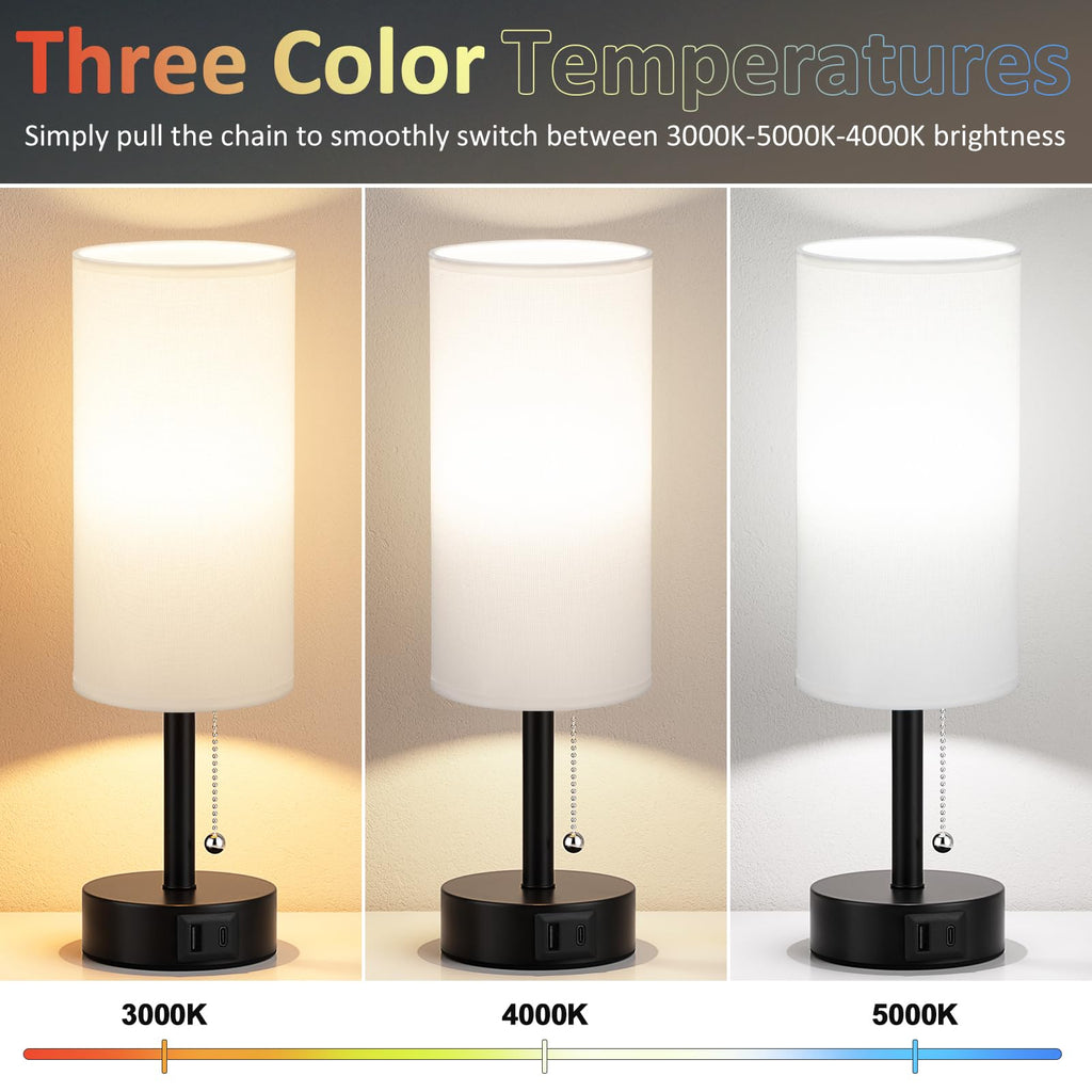 Bedside Table Lamps Set of 2-3 Color Temperatures Pull Chain Lamp with AC Outlet Charging Port, Small Round Night Stand Lamps for Bedroom Guest Room Office, Bed Side Light with E26 LED Bulbs