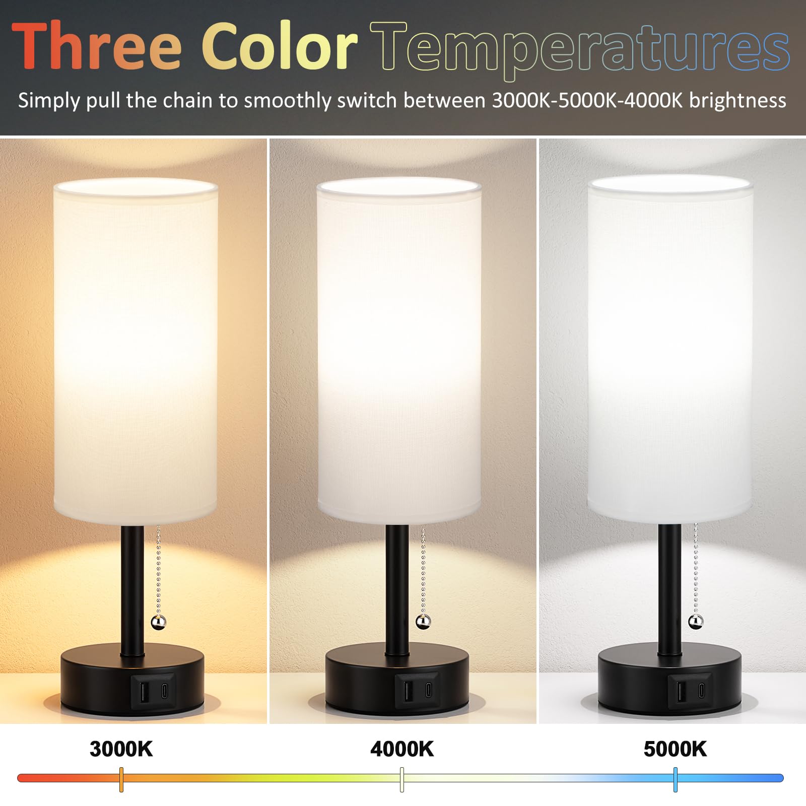 Bedside Table Lamps Set of 2-3 Color Temperatures Pull Chain Lamp with AC Outlet Charging Port, Small Round Night Stand Lamps for Bedroom Guest Room Office, Bed Side Light with E26 LED Bulbs