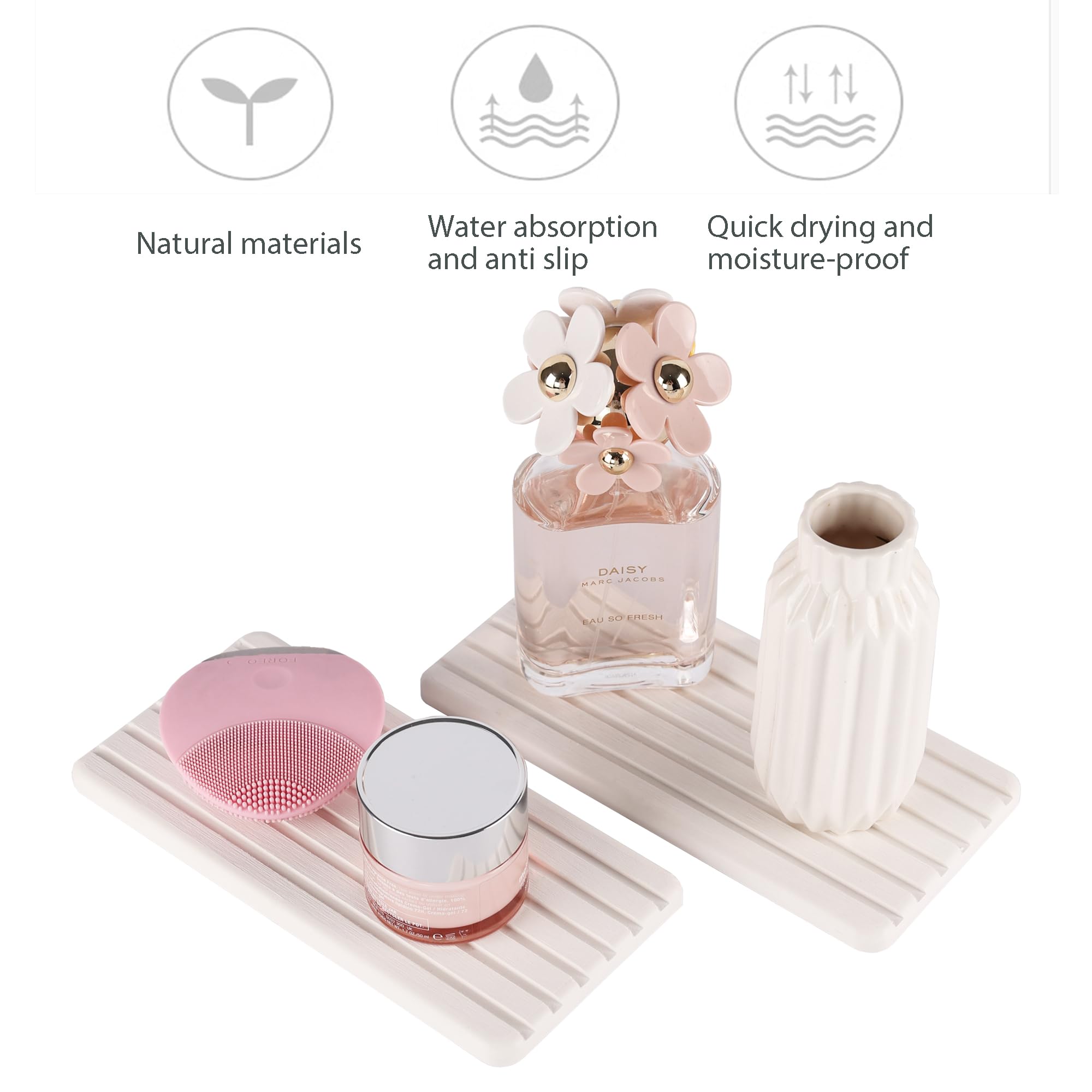 NiuYichee 2 PCS Water Absorbent diatomite Coasters, 8.3" x 4" Water Absorbing Stone Tray for Sink, Stone Drying mat for Kitchen Counter, Stone soap Tray Used for Hand Soaps & toiletries & Plants