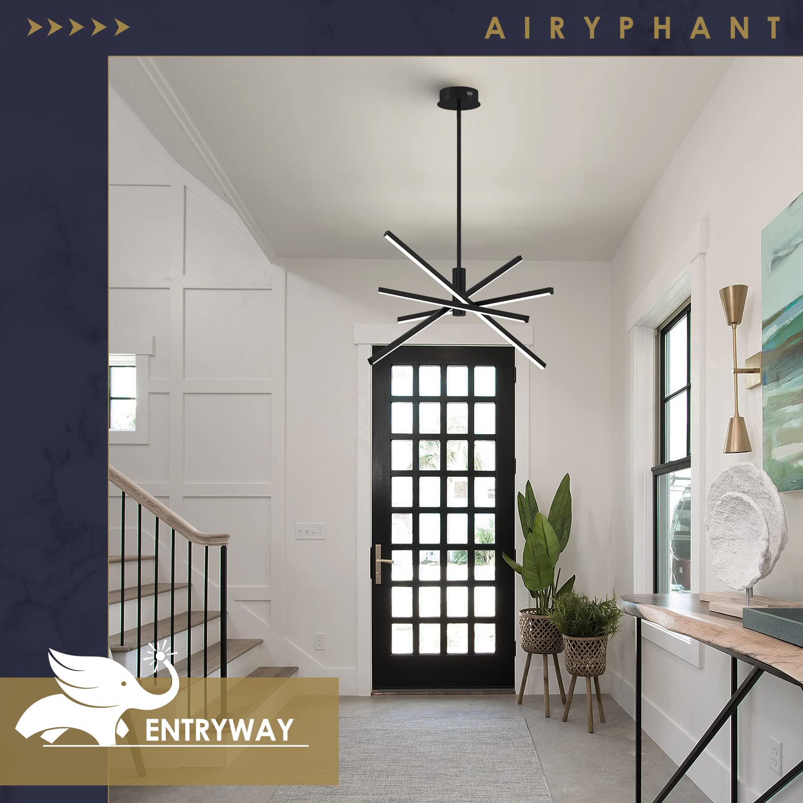 Black LED Chandelier for Dining Room, 27.76in Dimmable 4-Lights Modern Ceiling Pendant Light Fixture for Kitchen Living Room Entry Foyer 3000K/4000K/5000K 24W