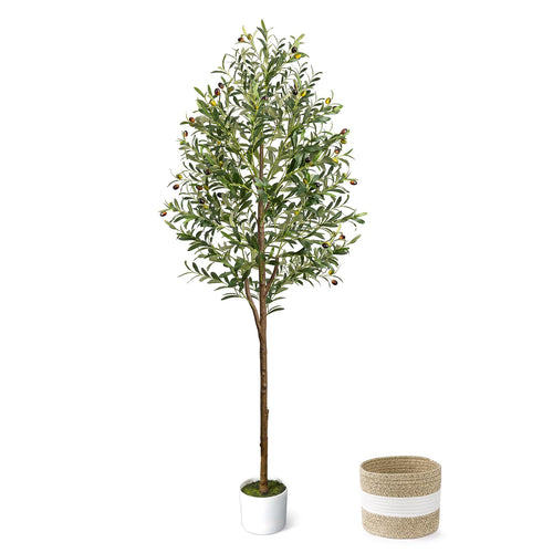 6FT Artificial Olive Tree - Indoor Tall Faux Olive Trees with Planter&Basket, Large Fake Olive Silk Tree Realistic Olive Plants with Branches and Fruits for Home Decor Office Living Room