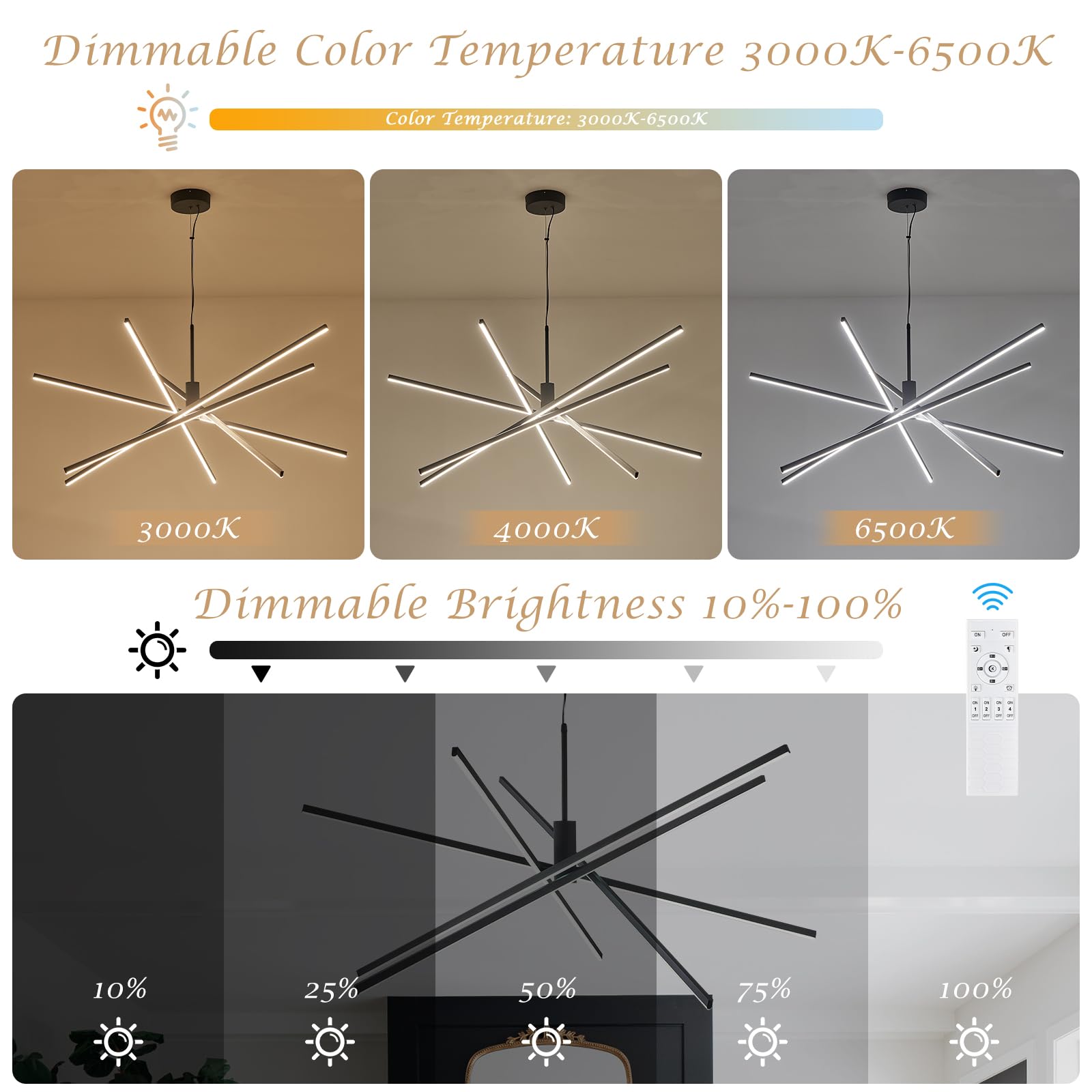 Black LED Chandelier for Dining Room, 27.76in Dimmable 4-Lights Modern Ceiling Pendant Light Fixture for Kitchen Living Room Entry Foyer 3000K/4000K/5000K 24W
