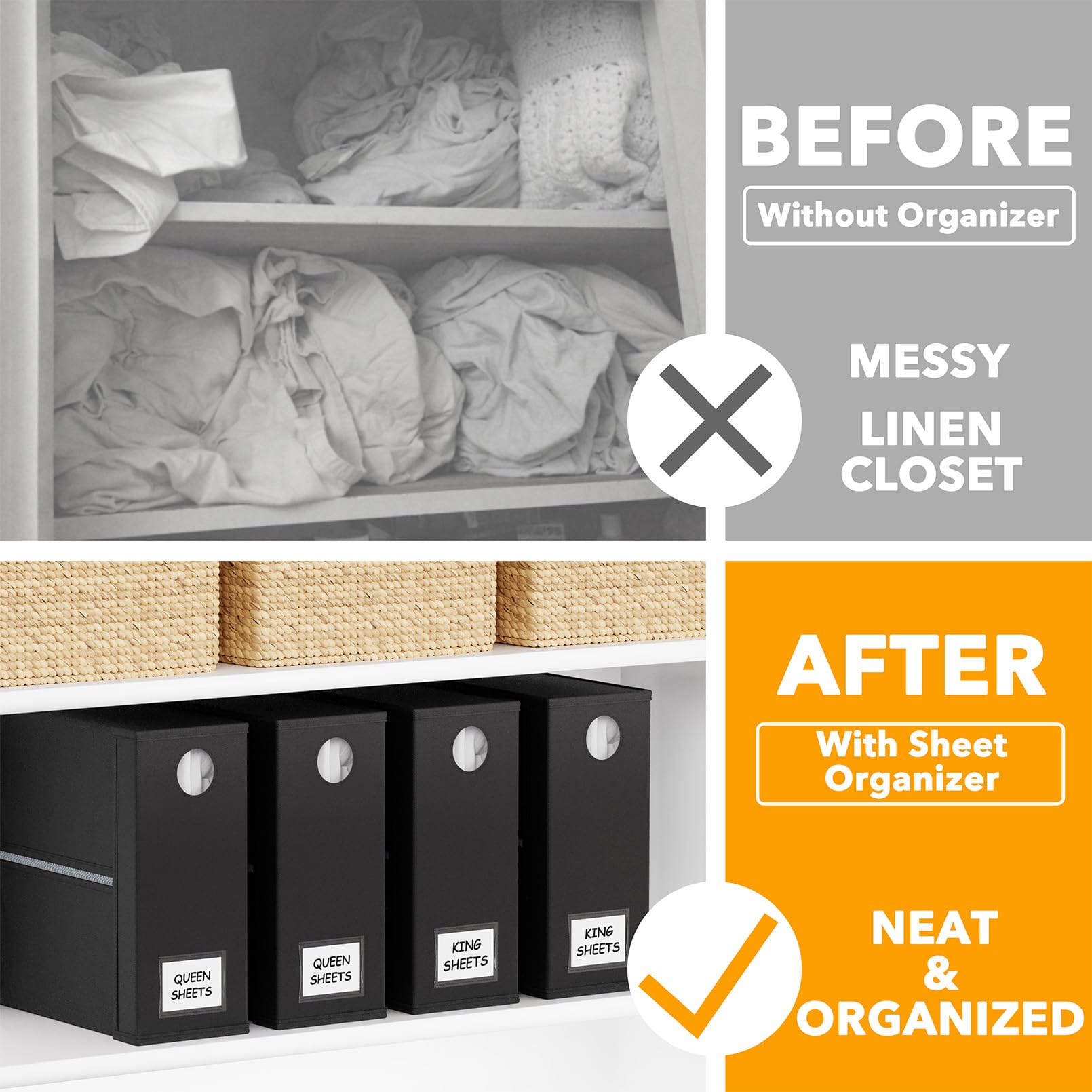 SpaceAid 4 Pack Bed Sheet Organizers and Storage, Foldable Organizer for Linen Closet, Sheets Set Folder Keeper with Window XL (Queen & King Size) Organizing Bedding Container, Gray 91ZDSN-SL01-G4