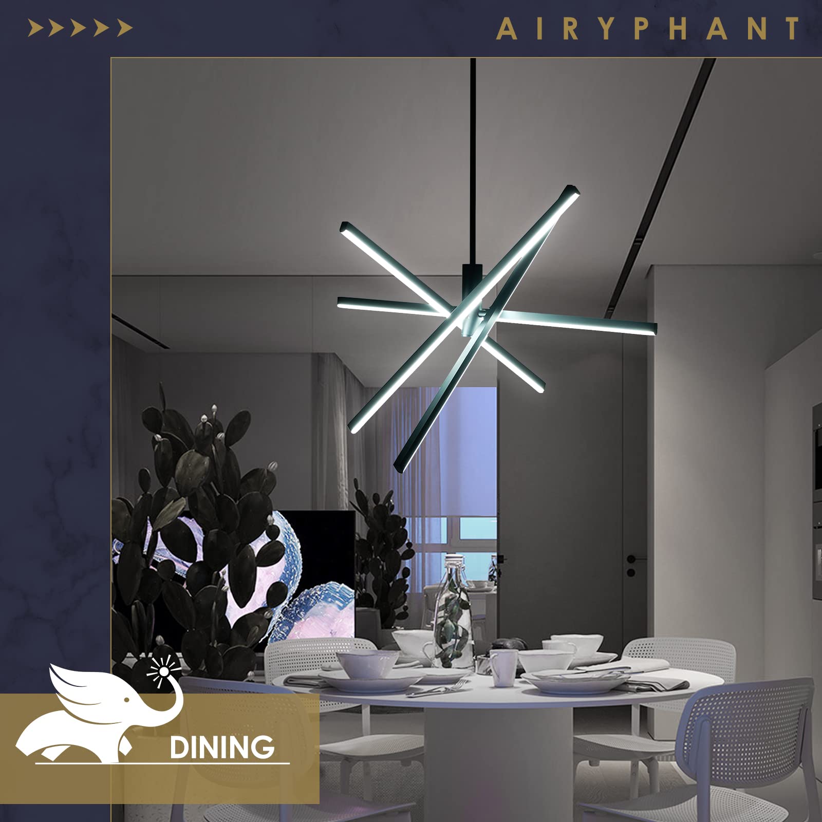 Black LED Chandelier for Dining Room, 27.76in Dimmable 4-Lights Modern Ceiling Pendant Light Fixture for Kitchen Living Room Entry Foyer 3000K/4000K/5000K 24W