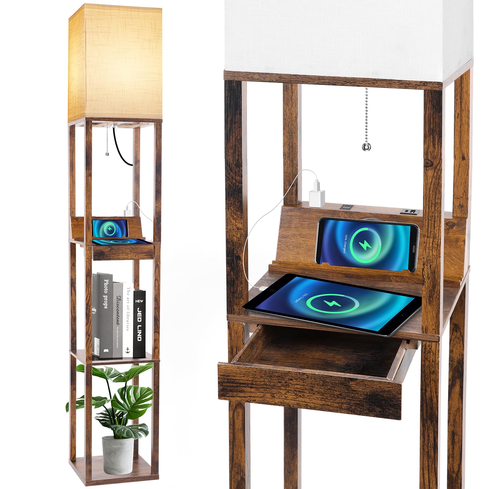 RUNTOP Floor Lamp with Shelves, Modern Shelf Lamp for Display Storage, 3 Color Temperature Wood Narrow Standing Corner Lamp with 8W Bulb for Living Room Decor, Bedroom, Office, Home Decor(Brown)