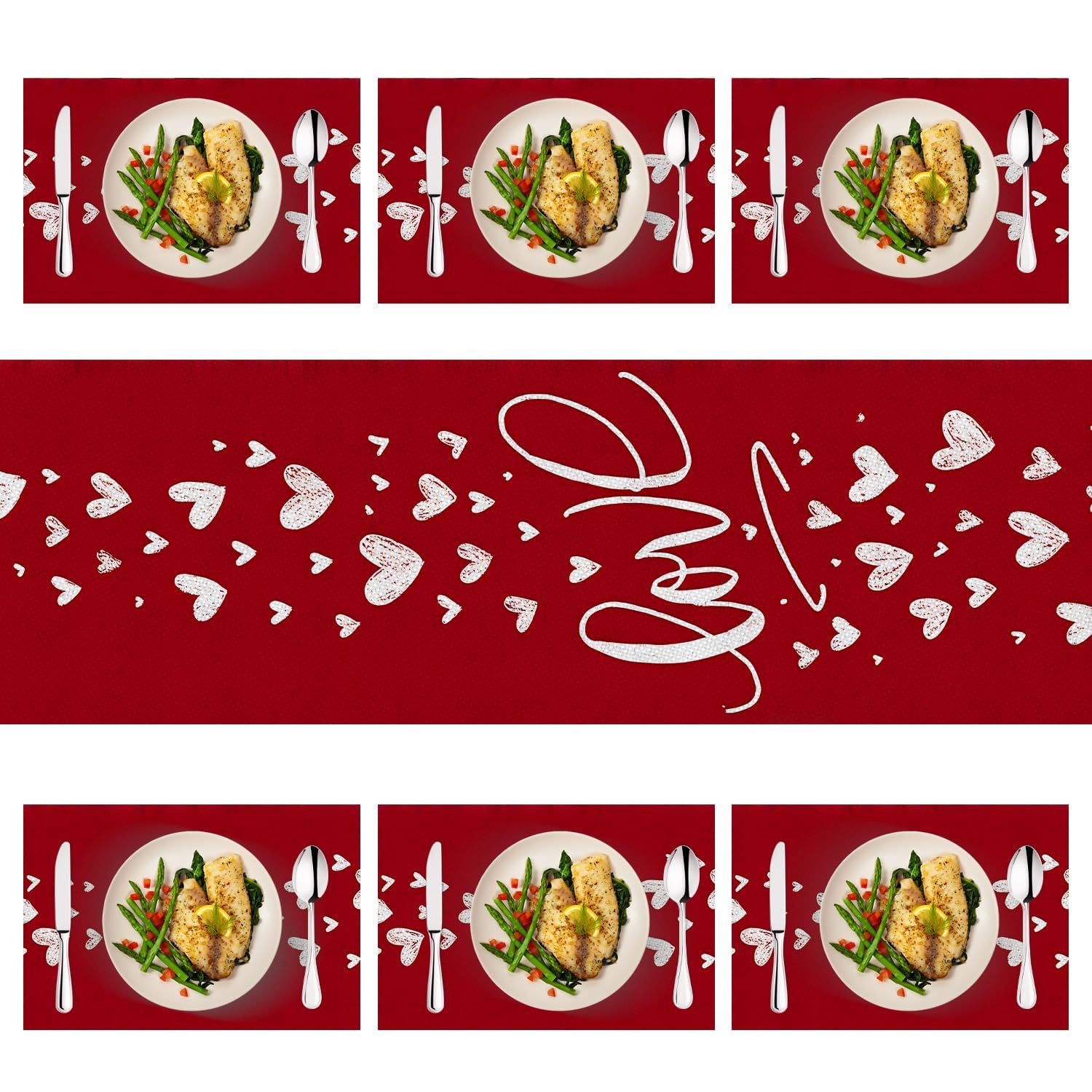 Marble Table Runner and Placemats Set of 6, Black & White Marble with Gold Vein Design, 1 Table Runner (72x13 in) + 6 Placemats (17.7x11.8 in), Elegant Dining Table Decor